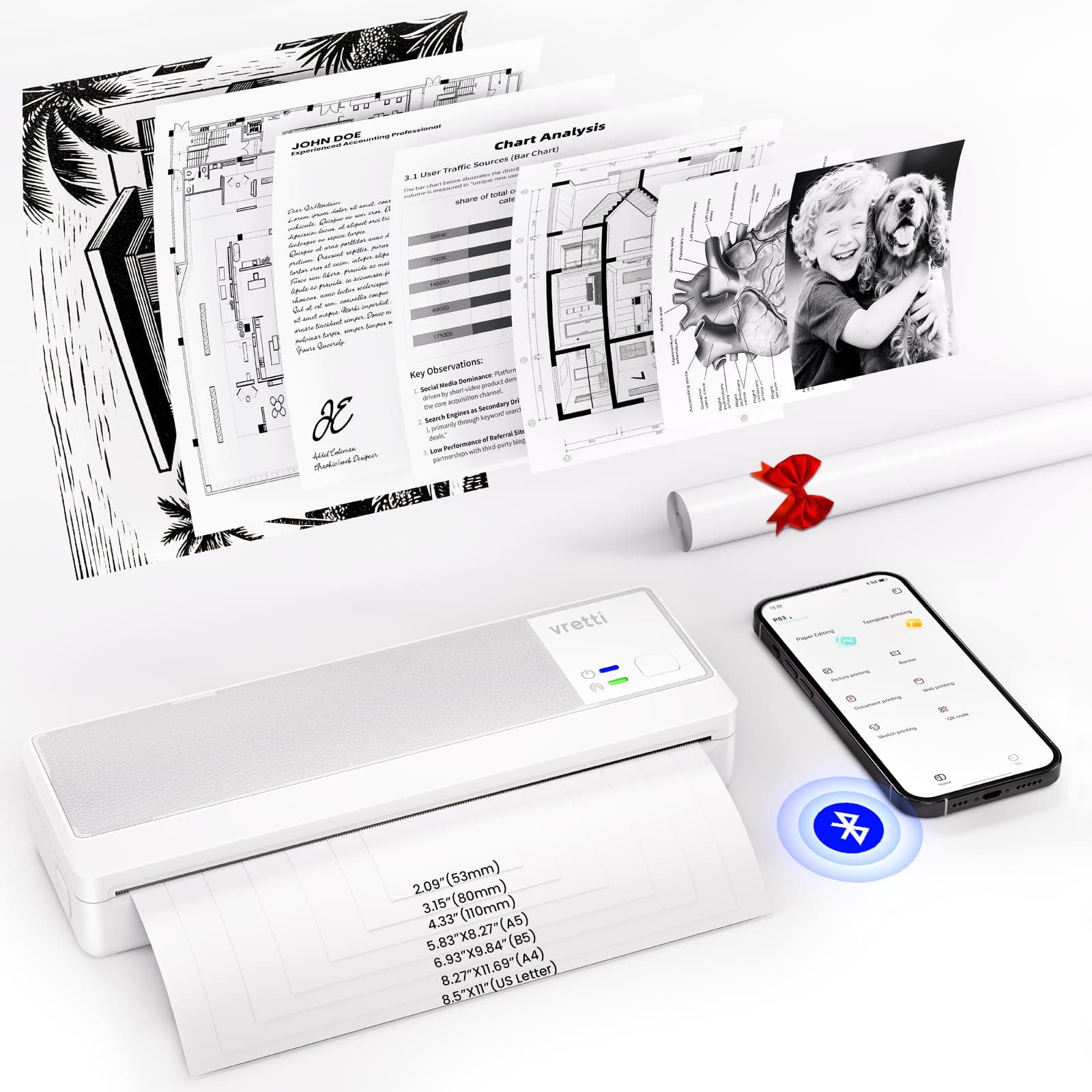 vretti P83 Impresora móvil A4 para Viajes, Impresora térmica A4 Compatible con Android e iOS, Impresora móvil Compatible con Papel térmico A4 de 210 x 297 mm para el hogar, Oficina, Foto