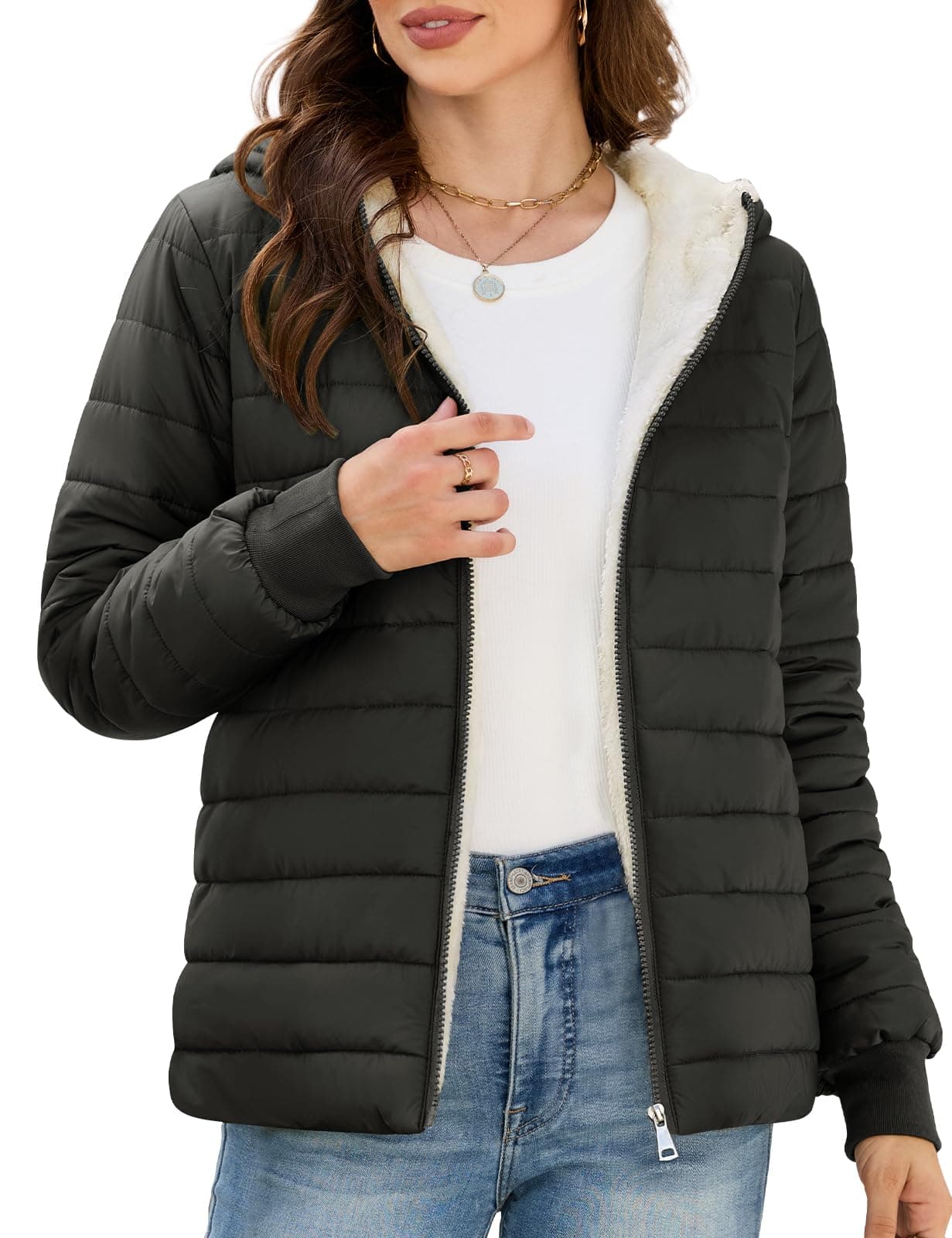 CMTOP Blouson Femme Hiver Matelassé Résistant à l’Eau Court à Capuche | Doublure Polaire Chaude et Douce, Capuche Doublée, 2 Poches Zippées, Poignets Côtelés, Veste Légère