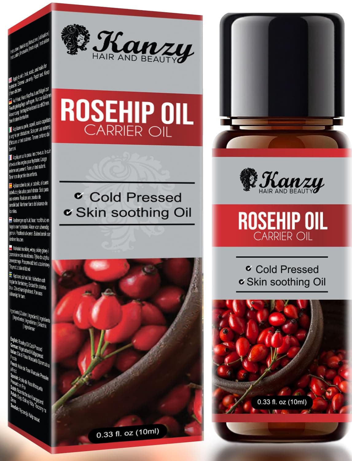 Kanzy Olio di Rosa Canina 10 ml, Olio di Rosa Canina Leggero Spremuto a Freddo per Viso, Pelle, Capelli, Unghie e Corpo