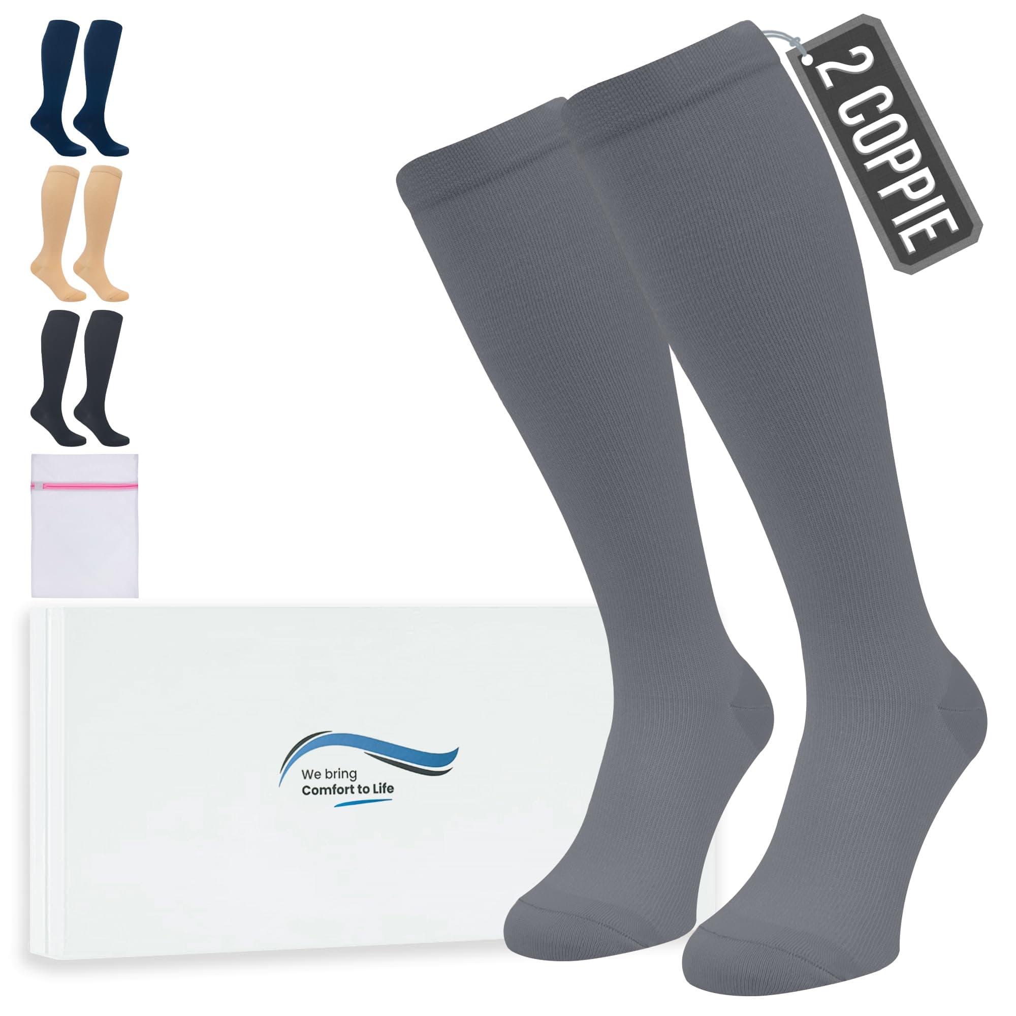 360 Relief Calze Compressione Graduata Donna e Uomo - 2 Coppie Solido Colore Gambaletti Compressione Graduata per Sports, Running, Viaggio, Ciclismo, Lavoro - L/XL Grigio con Borsa Lavanderia