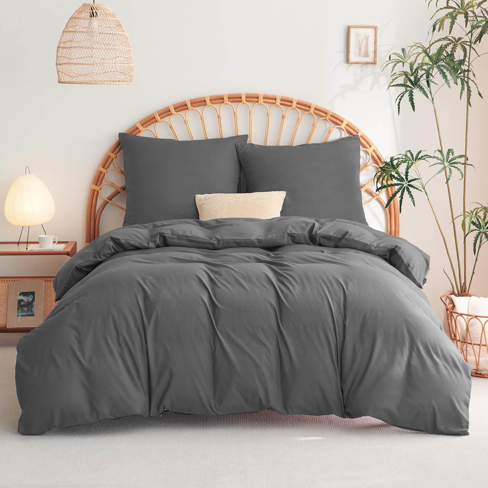 WAVVE Housse de Couette 220x240 cm avec 2 Taies d'oreiller 65x65 cm,Parure de Lit 2 Personnes pour lit 180x200 avec Fermeture Éclair Sets de Housse Couette en Microfibre, Gris Foncé 220 x 240 240x220