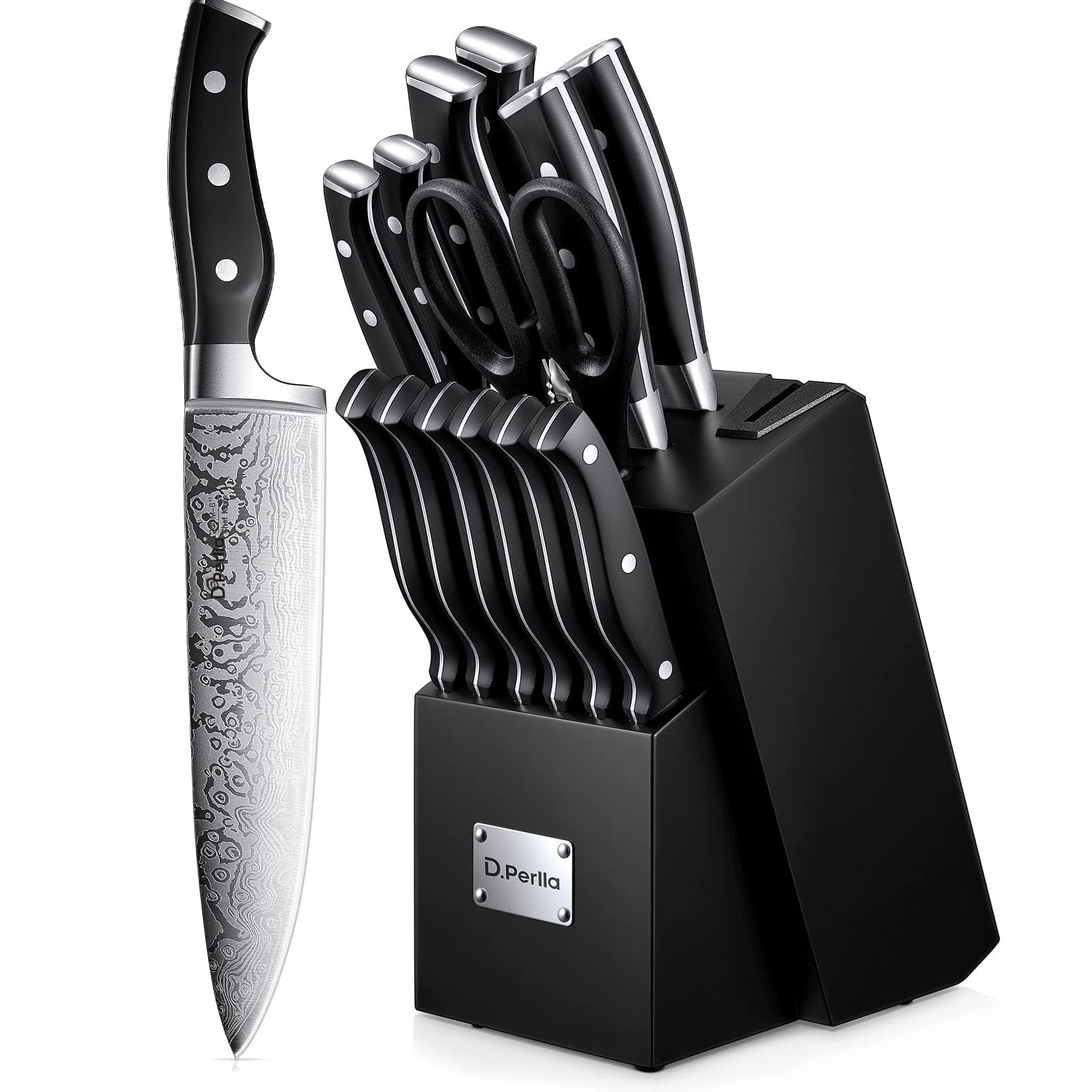 D.Perlla Juego de Cuchillos, Juego de Bloque de Cuchillos de Cocina de Acero Inoxidable Alemán de 14 Piezas con Afilador Incorporado, Negro
