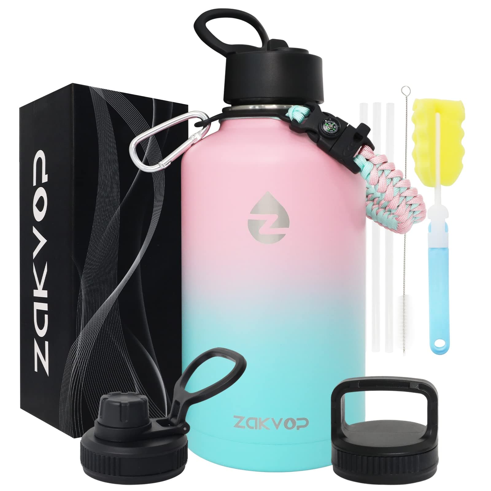 ZAKVOP Botella Termica 2 Litros, Termo Acero Inoxidable con Pajitas y 3 Tapas, Botella Agua de Doble Pared con Asa de Paracord, Botella Isotermica a Prueba de Fugas