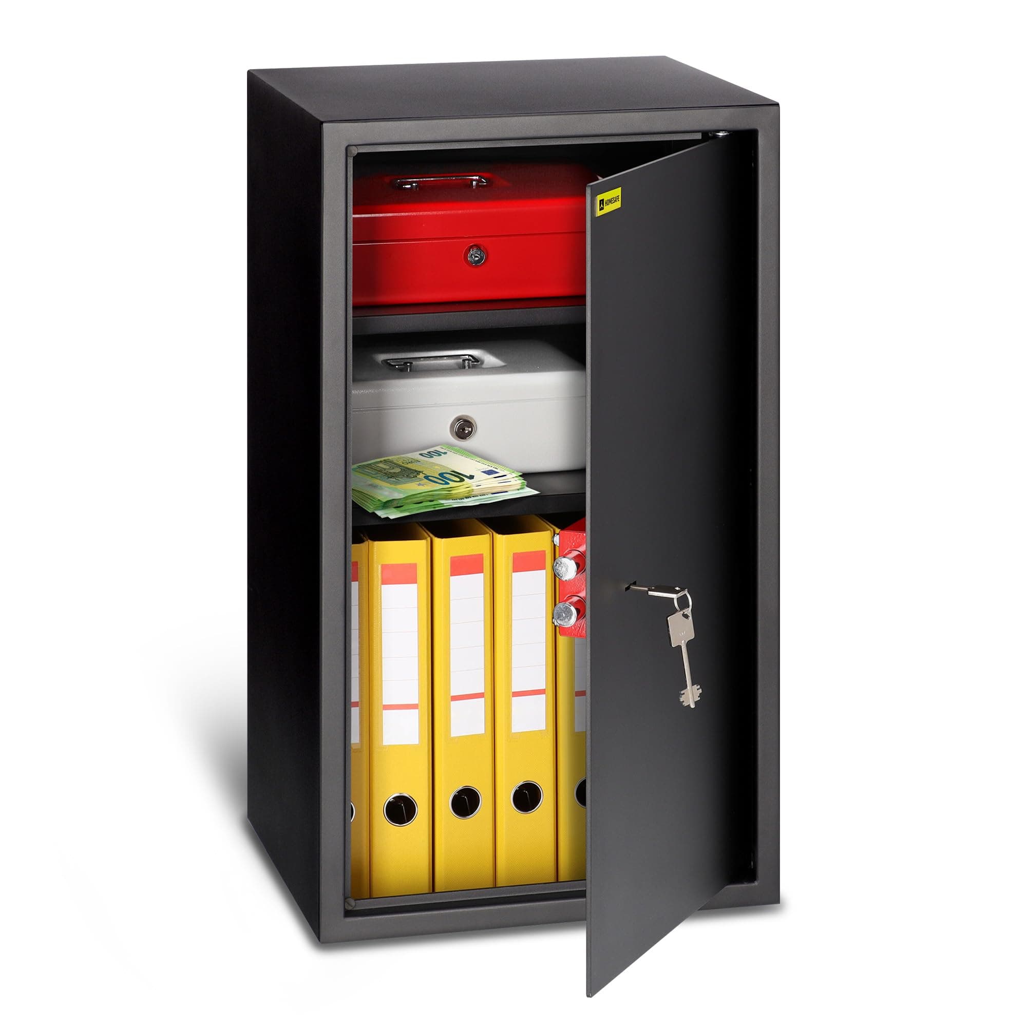 HomeSafe HV70K Grand Coffre-Fort à Clé, 70x40x36 cm (HxLxP), Coffre Argent Billet, Bijoux, Pour la Sécurité à Domicile, Boîte de Rangement Sécurisée, Coffre de Bureau pour Documents, 2 Étagères