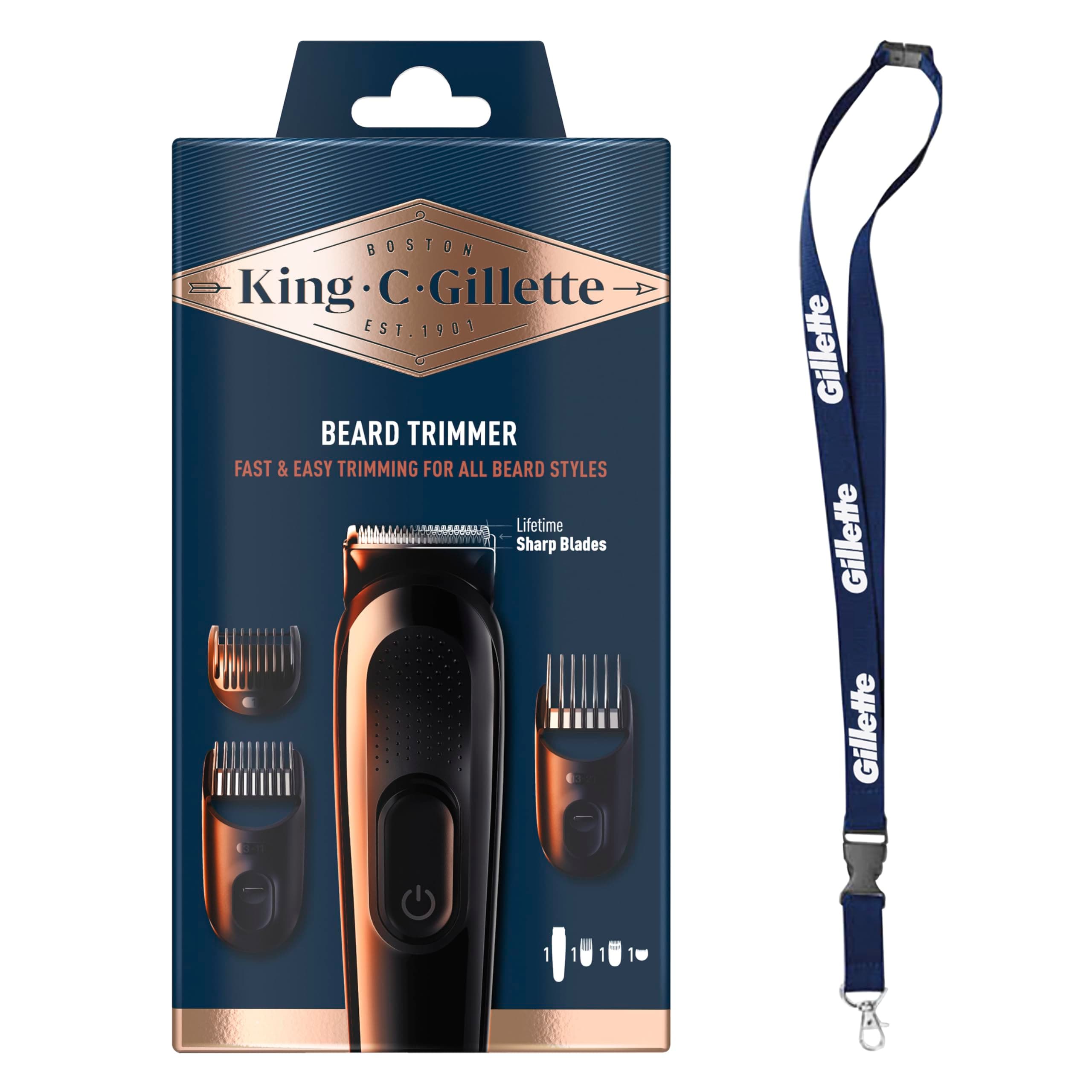 King C. Gillette Kit Regolabarba Uomo, 1 Testina, 3 Pettini Regolatori, 1 Spazzolina, Caricatore, Rasoio Elettrico Barba, Idea Regalo Uomo Kit Professionale, Lame Rasoio Affilate, con Laccetto