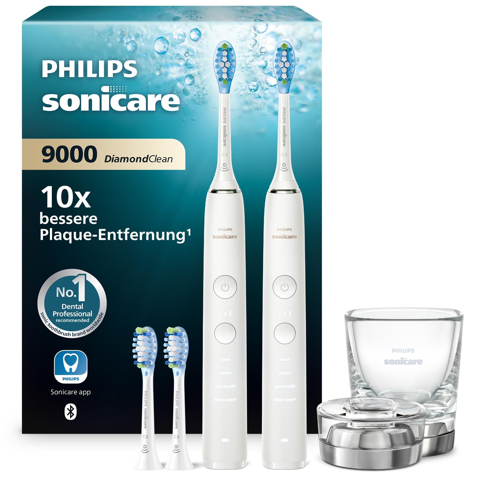 Philips Sonicare DiamondClean 9000 elektrische Zahnbürste, Doppelpack, Zahnbürste mit Schalltechnologie inklusive App, Drucksensor, 4 Putzmodi, 3 Intensitätsstufen, Ladeglas, weiß, Modell HX9914/62