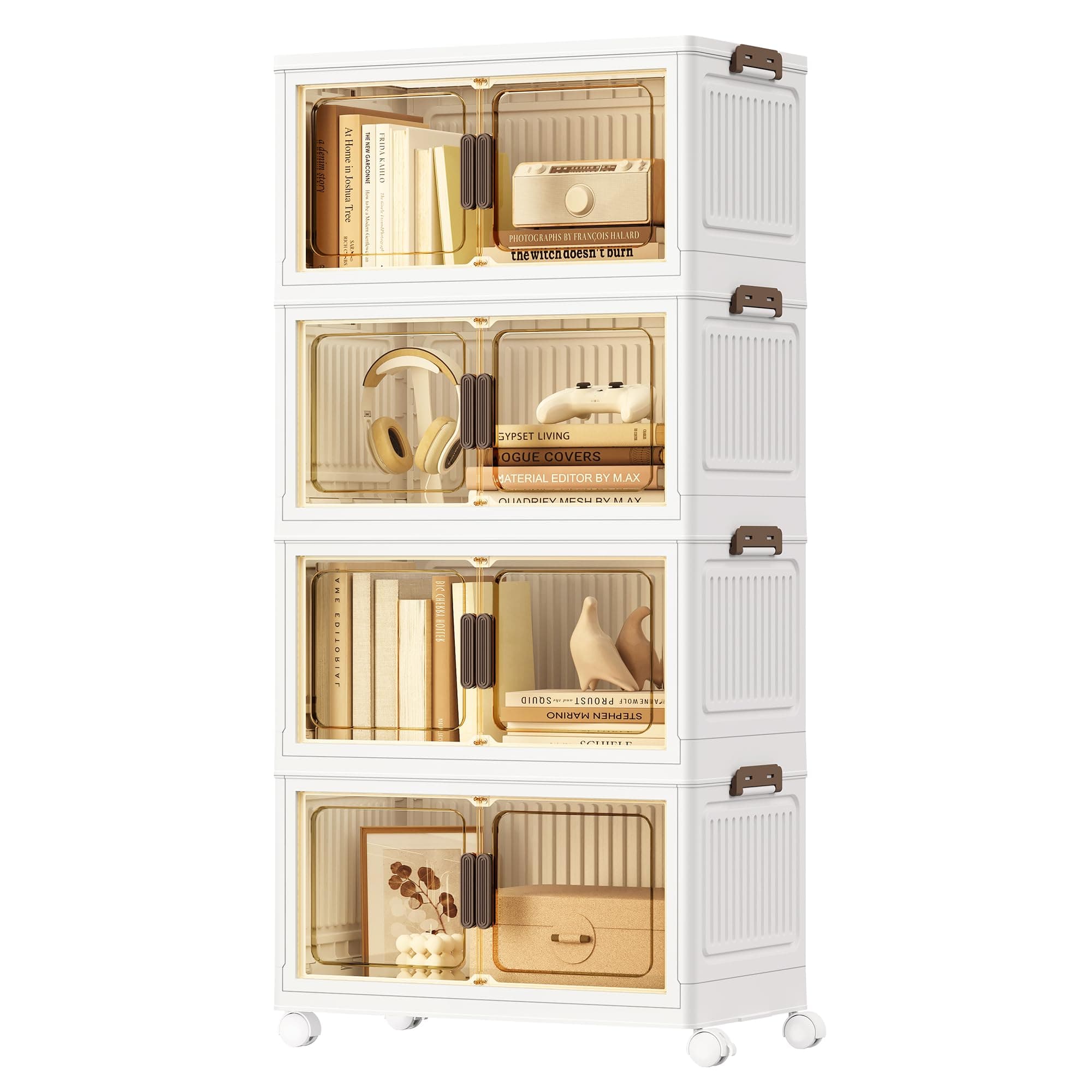 SONGMICS Boîte de Rangement, Organisateur à 4 Niveaux avec 1 Couvercle, Empilable, sur Roulettes, Plastique, Double Porte Magnétique, Blanc, 55 L par Niveau, 220 L au Total, RLB460WZ01