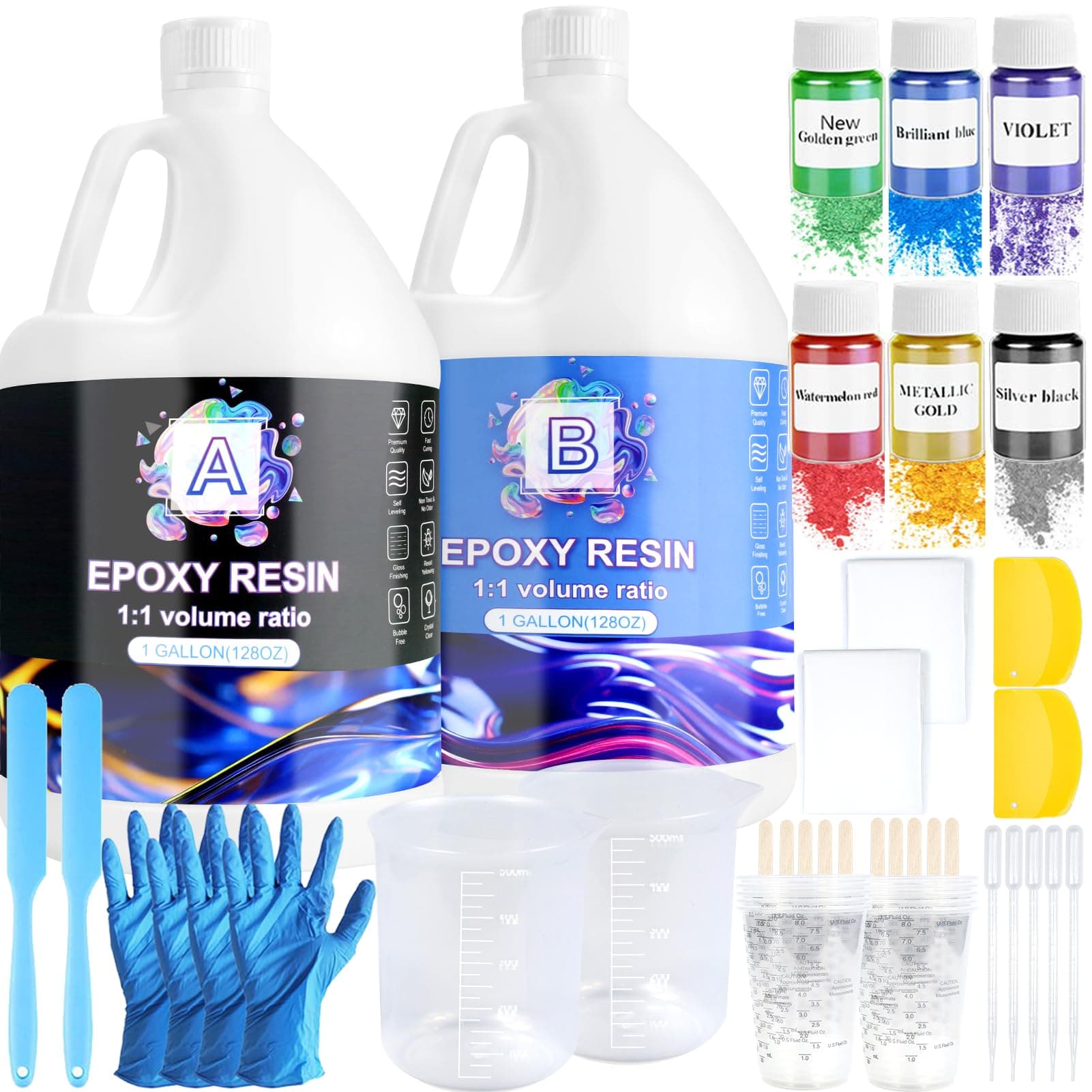 Ghguole Resine Epóxy,7.6 L/2 Gallons Kit Resin Epóxy Transparente et Durcisseur avec Colorant,Paillette,1: 1 Ratio Revêtement pour Bois,DIY,Créations Artistiques,Table,Décoration