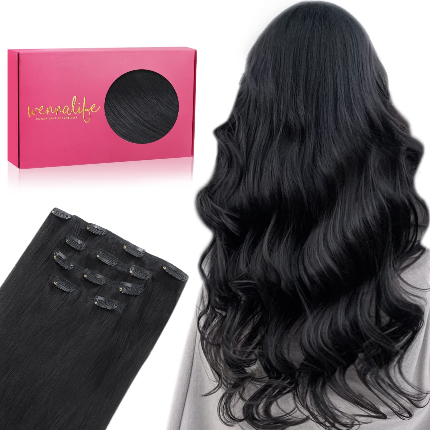 WENNALIFE Extension con clip in capelli veri, 75 g, 5 pezzi, profondità 35 cm, colore nero
