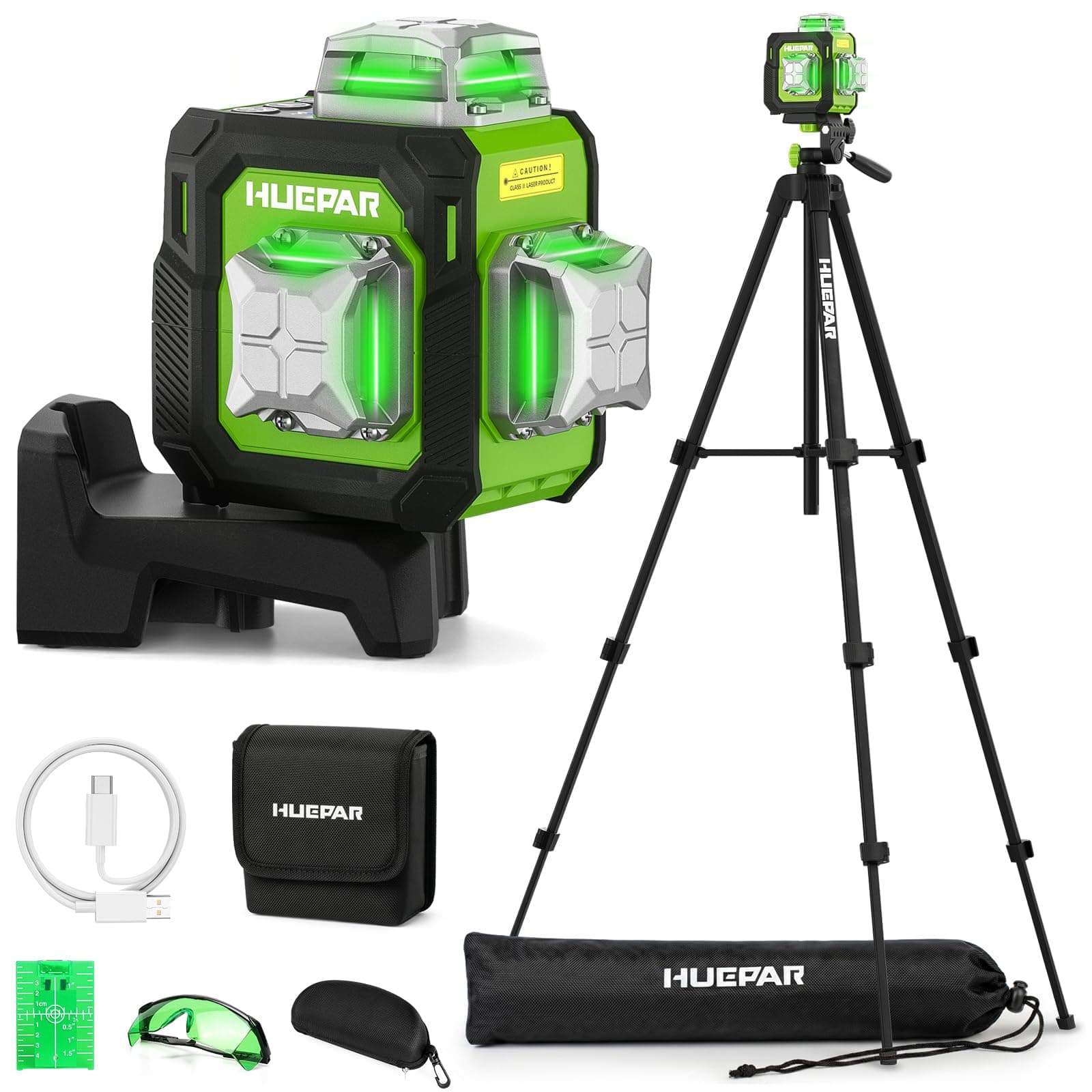 Huepar Nivel Láser con Trípode de 1,5m, 30m 3D Verde Compacto 3x360° Autonivelante, Ideal para Espacios Reducidos, Modo Pulso 70m, con Recargable USB-C, Estuche, Soporte Magnético para Obras&Bricolaje