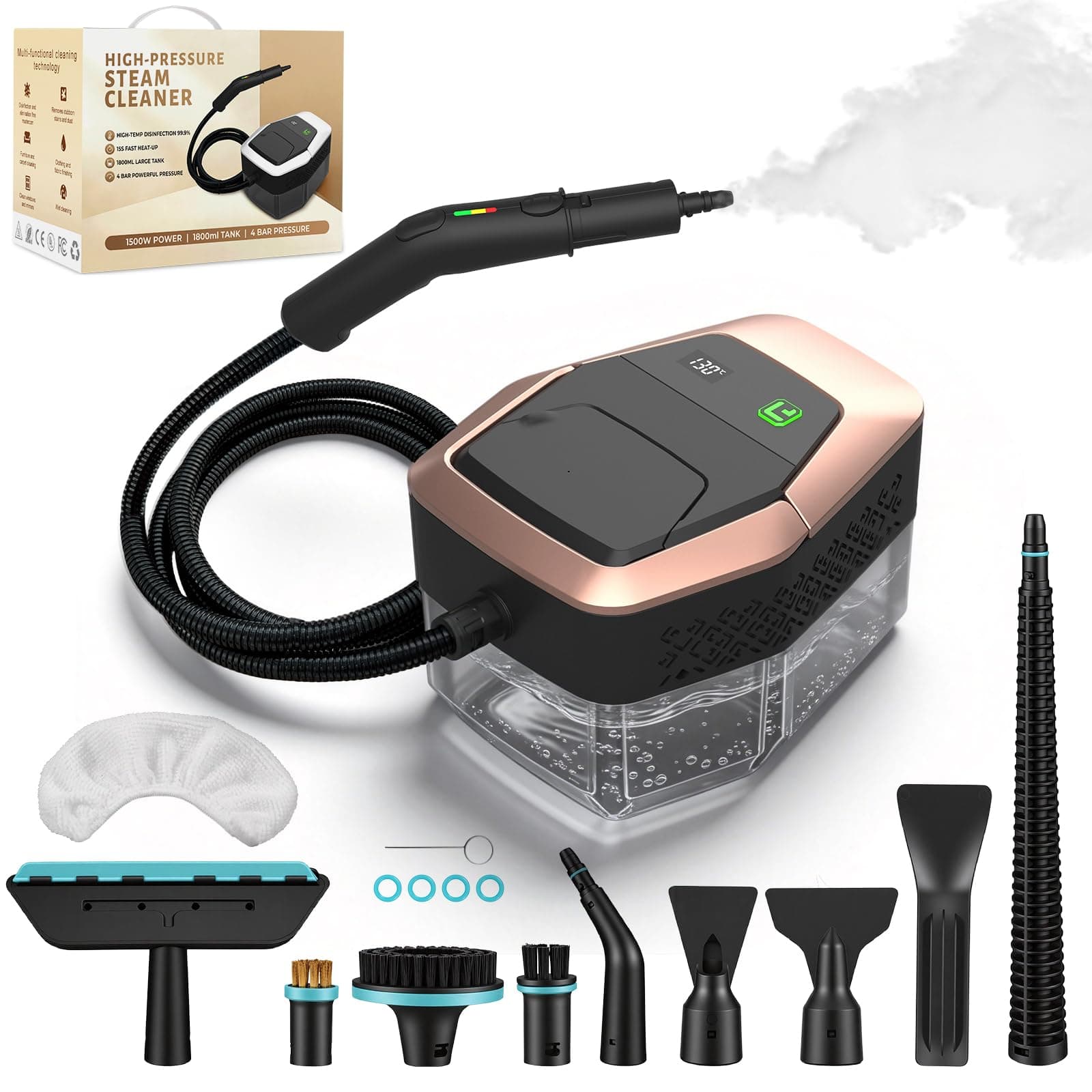 Nettoyeur Vapeur, Nettoyeur à Vapeur Portable 1500W Basse Pression, Chauffage Rapide 15s, Réservoir d’eau 1,8L, 12 Accessoires Inclus,Cuisine & Voiture, Or Rose