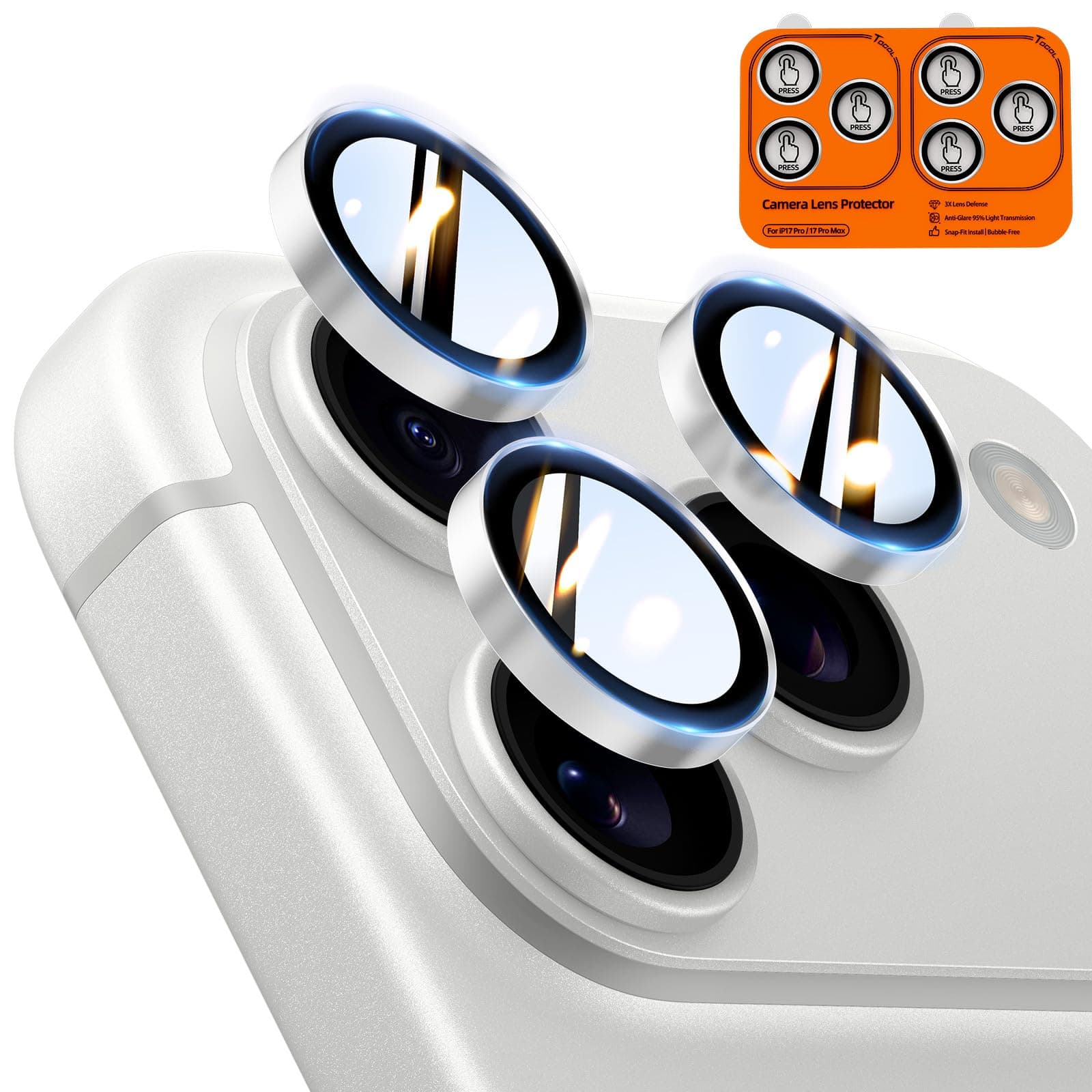 TOCOL Protector Lente Cámara para iPhone 17 Pro Max/17 Pro, Plateado | Vidrio Templado 9H, HD Alta Transparencia, Antihuellas, Cubierta Antirrayas, Compatible con Fundas, 2 Piezas