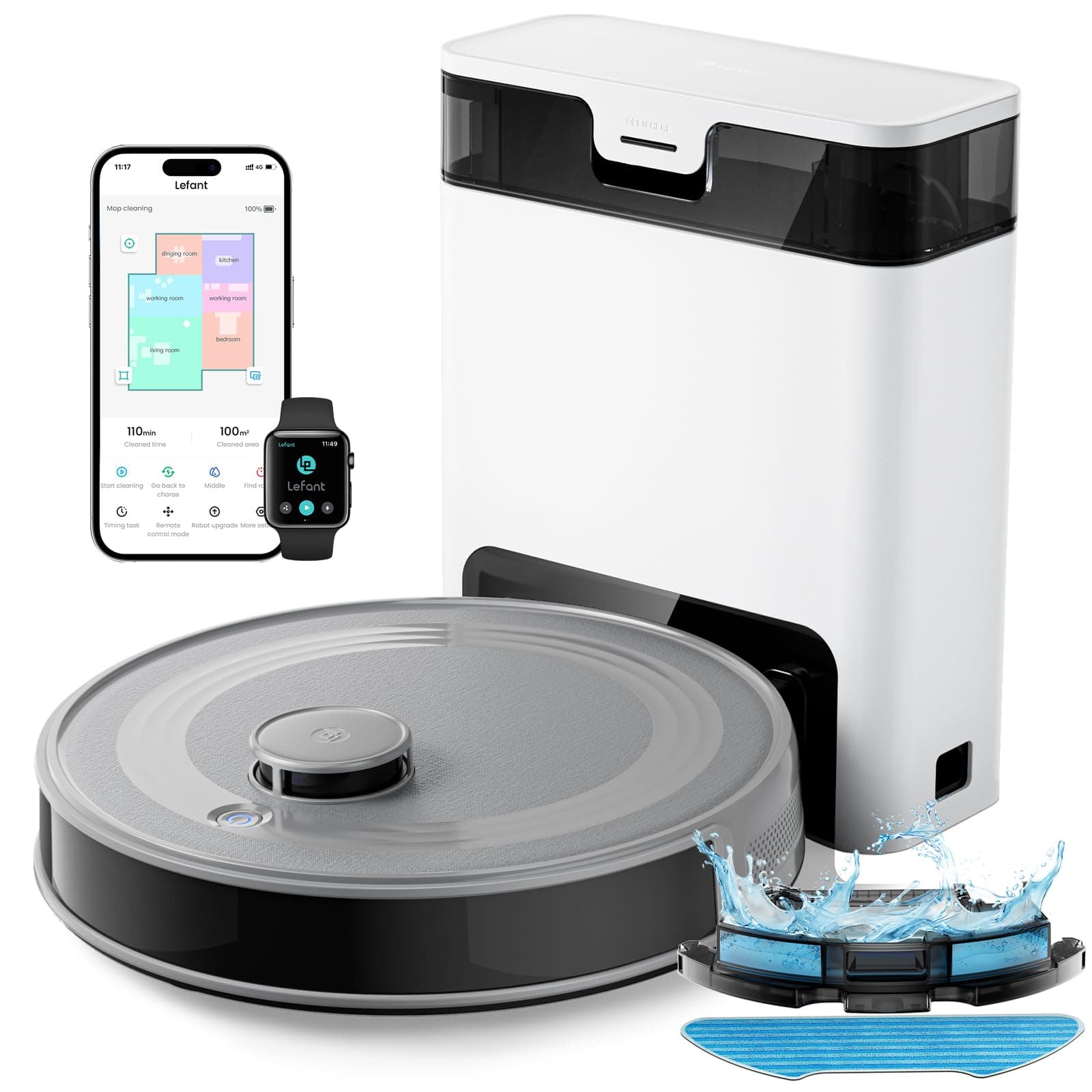 Lefant M2 Pro Robot Aspirateur Laveur 6000Pa avec Station Vidage Automatique Poussière,Navigation Laser avec Cartographie,Nettoyage Personnalisé, Évitement d'obstacles PSD, Idéal pour Poils d'animaux