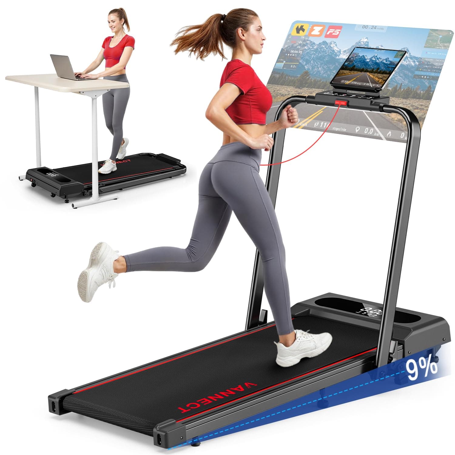 Laufband für Zuhause, VANNECT Walking Pad, 1-12 km/h Klappbares Laufband mit 9% Steigung, Ultra-Leise, LCD-Display, Dreifache Steuerung - Fernbedienung + App + Handlauf-Tasten, Belastbar bis 150 kg