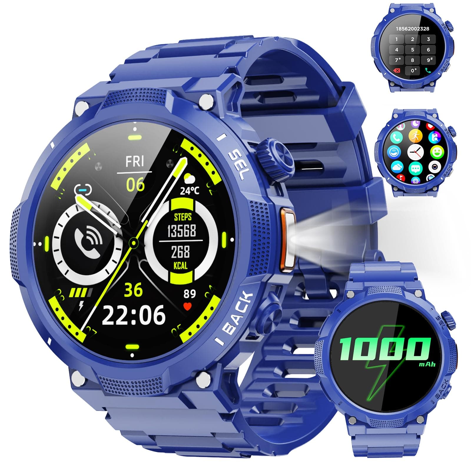 Montre Connectée Homme avec LED Lampe, Militaire Smartwatch 1000mAh, Bleu | 1.53" HD avec Appel Bluetooth, Etanche IP68, Fréquence Cardiaque, Sommeil, Podometre, 110+ Sportifs, Montre pour Android iOS