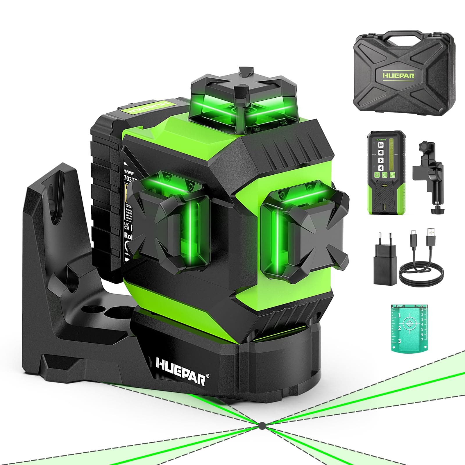 Huepar 703TR Nivel Láser con Alineación Automática, Rotación en Punto Fijo | Autonivelante Nivel Láser, 3x360°, Base Giratoria Auto, Receptor, Recargable, Tres Brillo, ±2 mm/10 m, Proyecto Individual