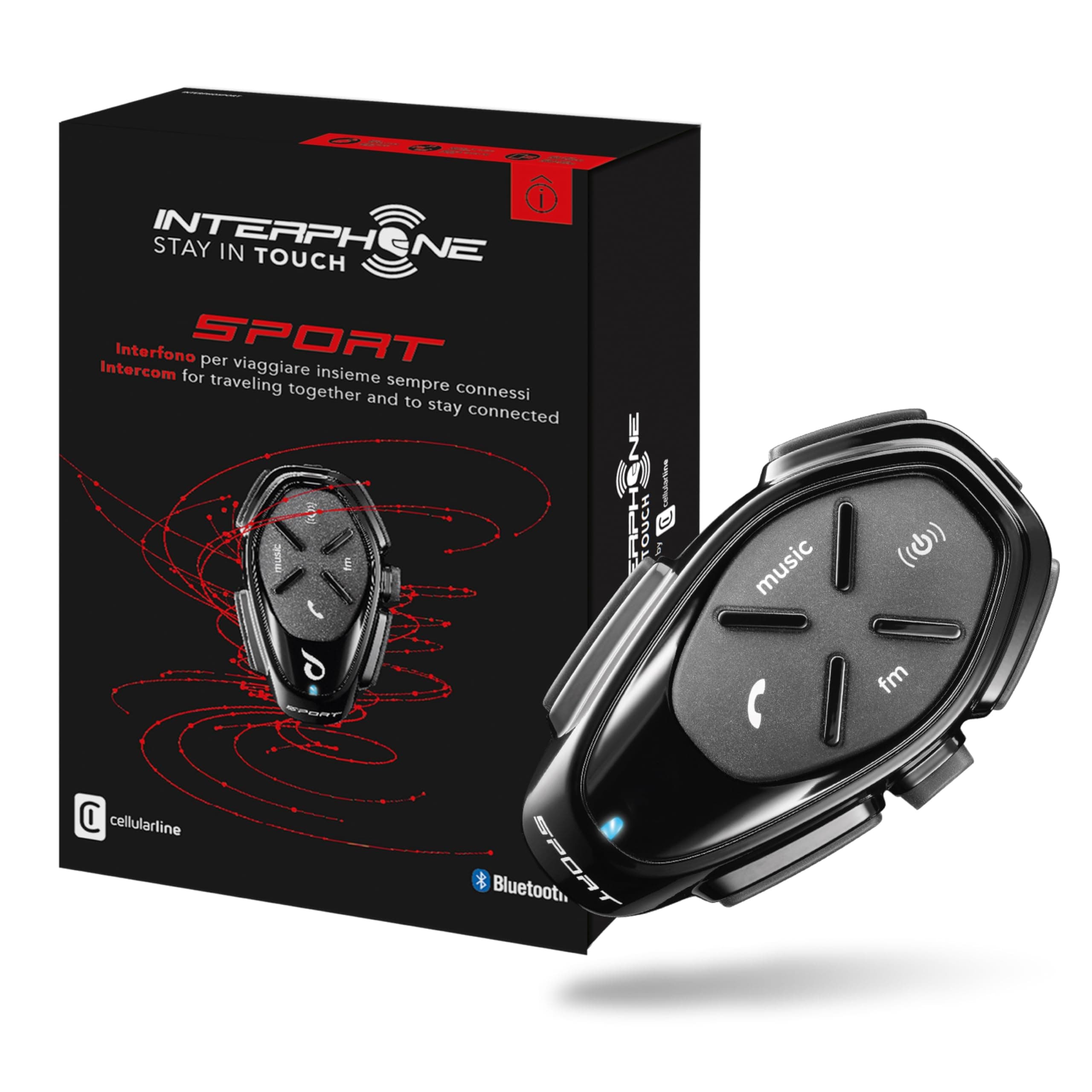 INTERPHONE SPORT - Singolo - Interfono Bluetooth da casco per comunicazione in moto, Fino a 4 motociclisti, Distanza 1Km, Autonomia 20 ore, MP3, GPS, Impermeabile, Universale.