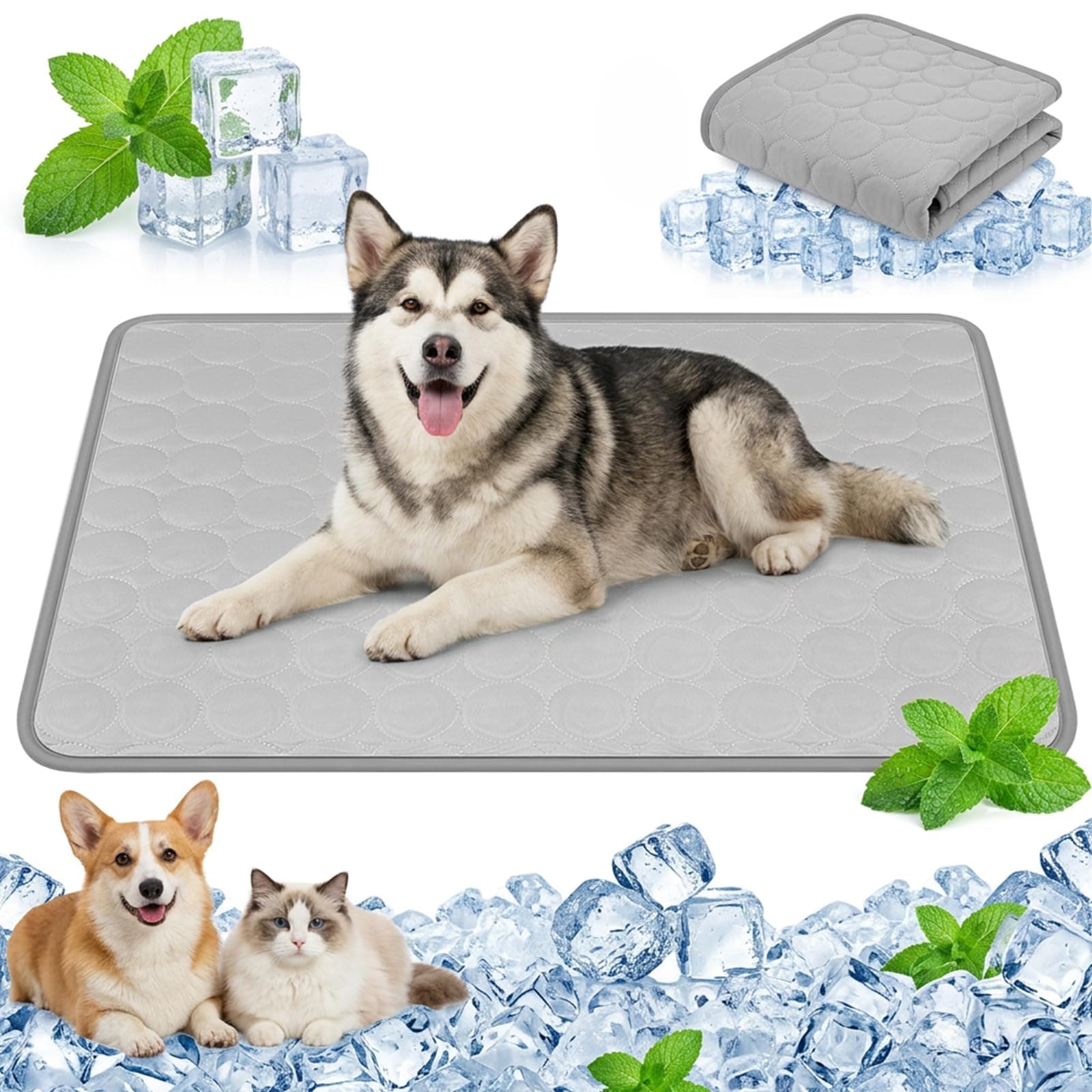 Qoosea Tapis Rafraîchissant pour Chiens et Chats, Coussin de Tapis de Refroidissement en Soie Glacée Respirant Non Toxique, Durable Ice Silk Pet Cooling Mats pour Animaux en été (55 * 70CM, Gris)