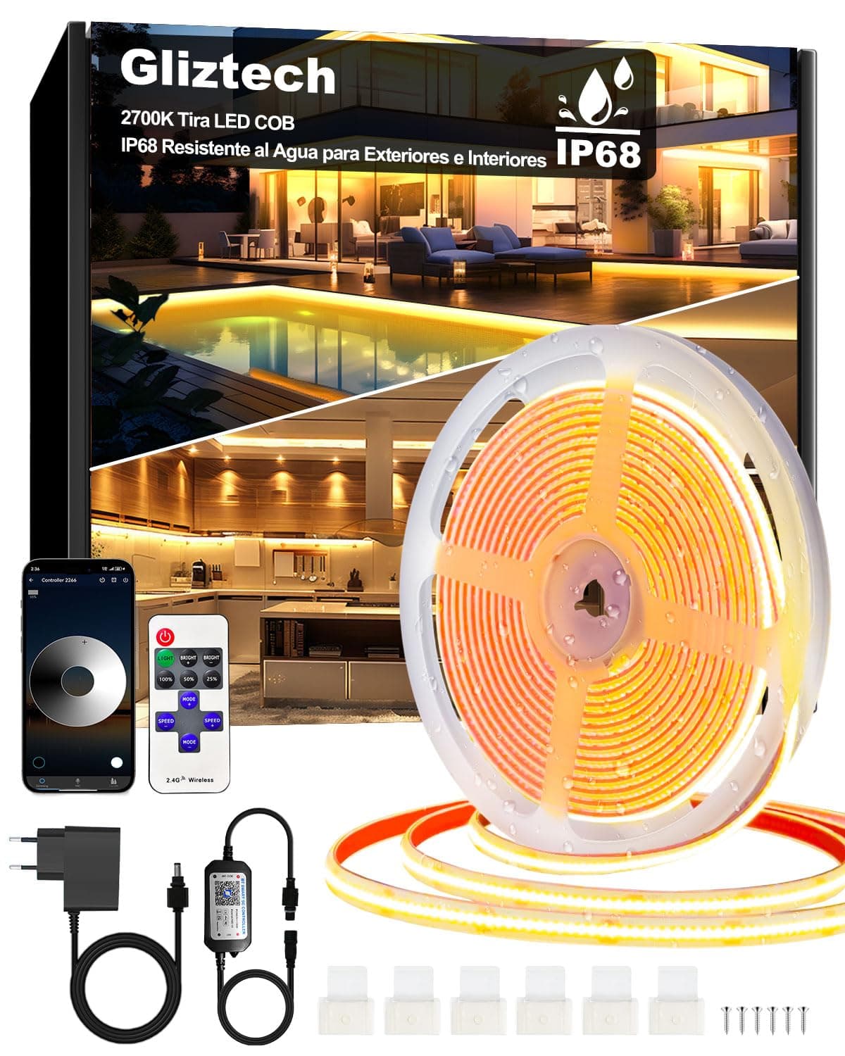 7M Tira LED COB Impermeable IP68, Autoadhesiva Tira LED para Exterioress | 24V BT APP y Control Remoto para Aleros, Jardines, Piscinas, Terrazas, Cocinas