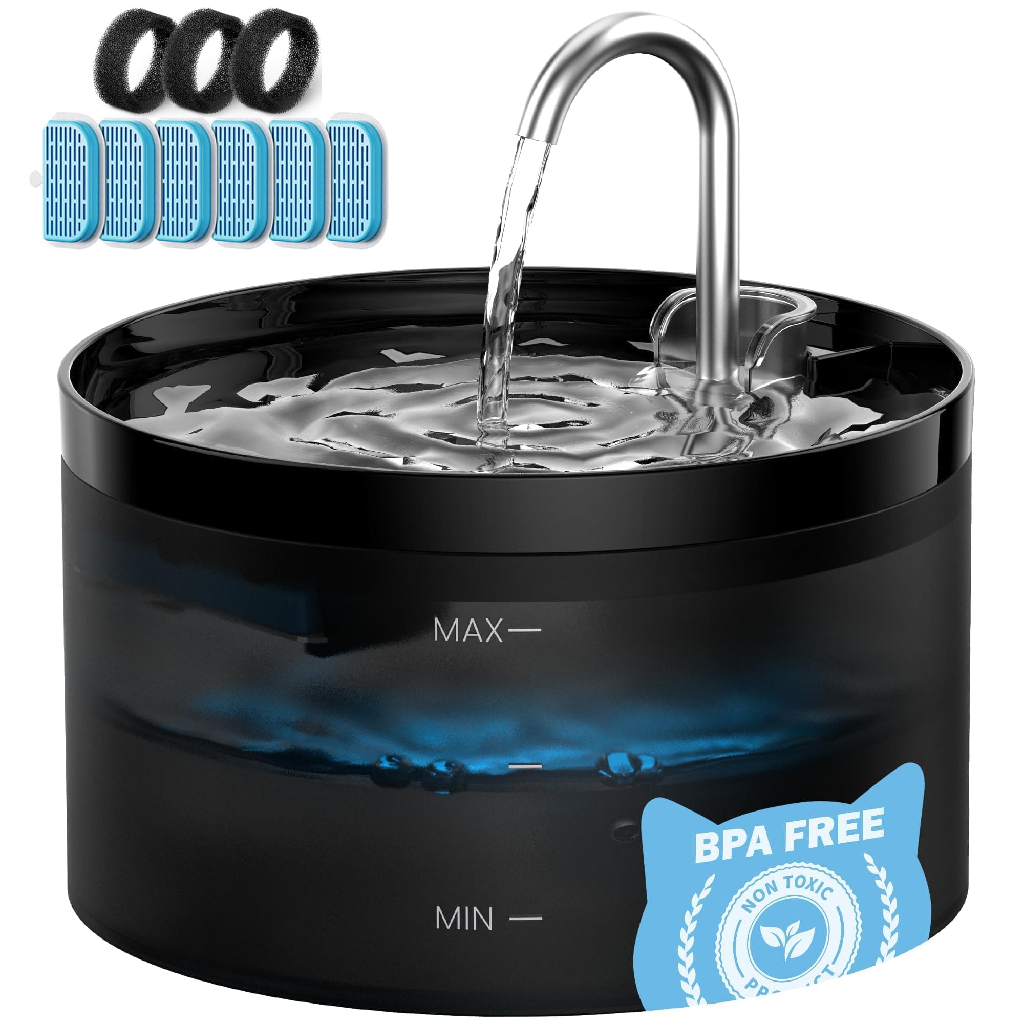 Fuente para Gatos GIOTOHUN: Bebedero Gatos con Forma de Grifo, 64oz, Bomba de Agua Súper Silenciosa, Filtro de Pelos Suelto, Negro-2L + 6 filtros + 3 esponjas