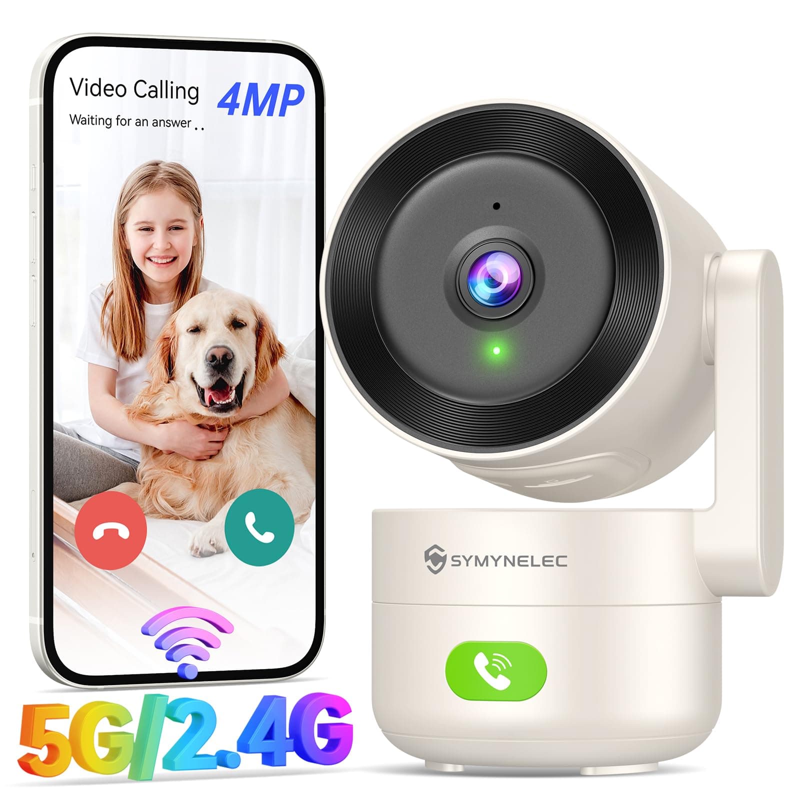 SYMYNELEC Cámara de Vigilancia WiFi Interior 2K 4MP, 5GHz/2,4GHz, 360° | Camara Vigilancia Bebe/Perros, Visión Nocturna, Llamada con un Toque, Audio Bidireccional, Modo Privacidad, Compatible Alexa