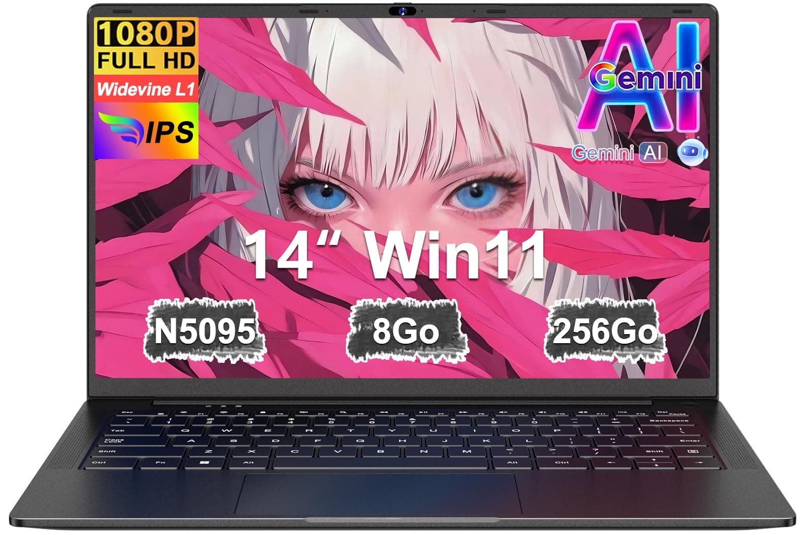 Ordinateur Portable 14 Pouces Celeron N5095 (jusqu'à 2,9 GHz) Win11 8Go 256Go SSD Extension 1To 5G WiFi FHD HDMl PC Portable avec Souris sans Fil qwerty Clavier avec AZERTY Membrane Clavier - Noir-11