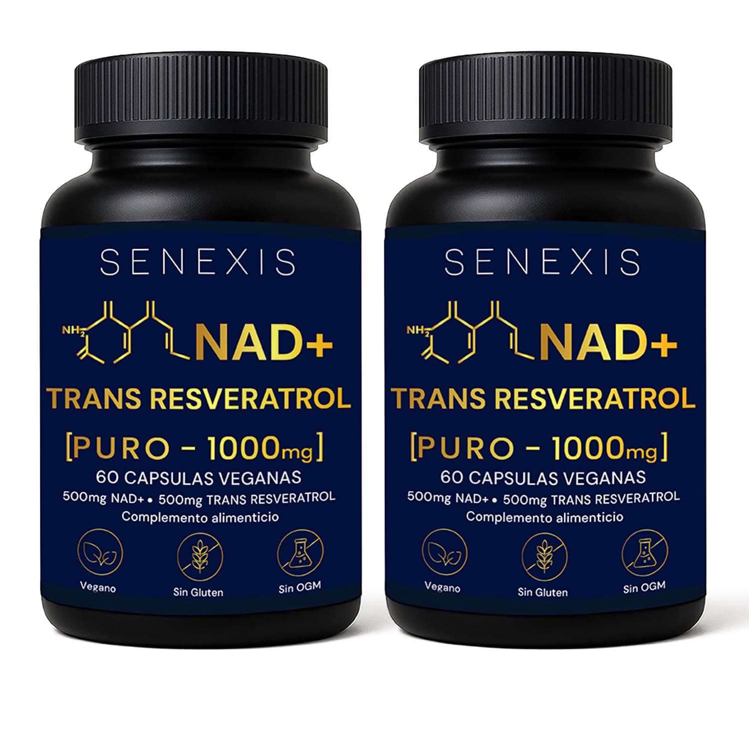 Nad Resveratrol Puro 1000mg, 60 Cápsulas veganas, 500mg NAD + 500mg Trans-Resveratrol, Energía Celular, Antioxidante, Sin Gluten, Sin OGM, sin GMO - Apoyo Mitocondrial, Cognición, Antiedad - Pack de 2