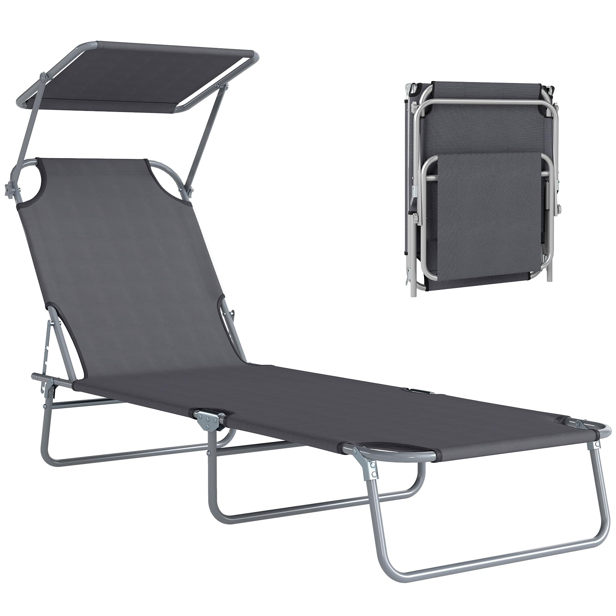 Outsunny Transat Bain de Soleil Pliable Chaise Longue Pliante Grand Confort Dossier Inclinable Multi-Positions et Pare-Soleil Réglable 187L x 58l x 36H cm Gris