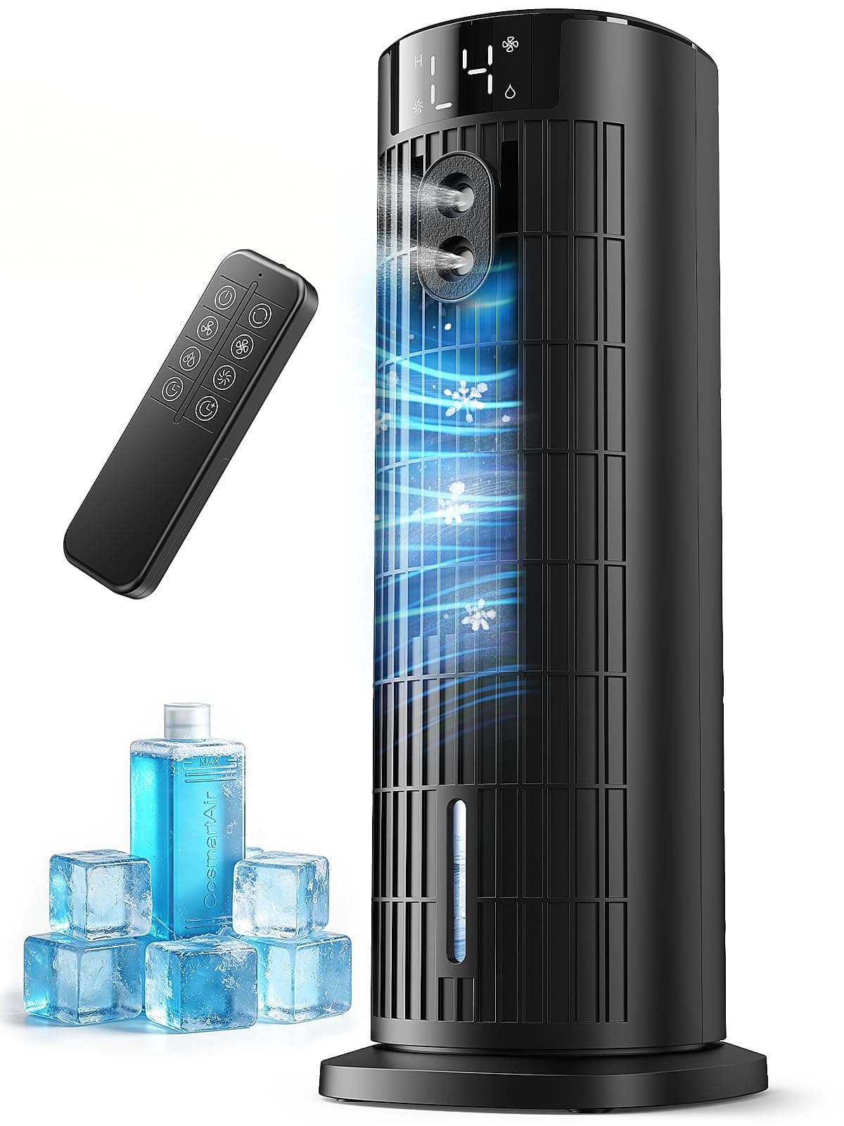 Climatiseur Mobile Portable Rafraîchisseur d'air Silencieux (Améliorée) pour Chambre - Puissance 7,5 m/s, Oscillation 90°, 4 Vitesses, 2 Modes, Minuteur 10H, Télécommande, Sans Lame, Noir Carbone