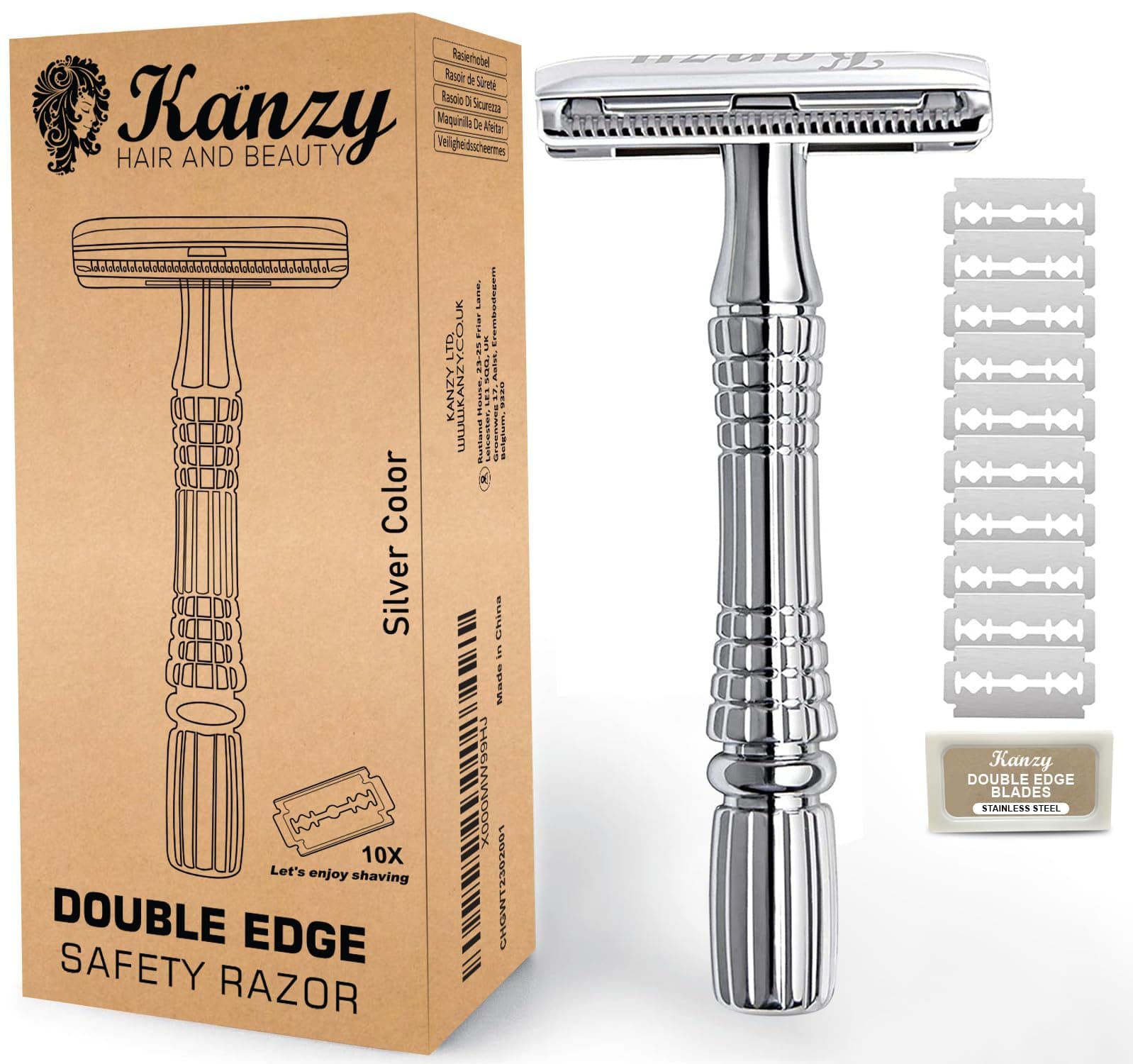 Kanzy Rasoir de Surete avec 10 lames Ecologique Reutilisable Traditionnel Inox Mécanique and Manuel Rasoir de Sécurité pour Homme and Femme Safety Razor Kit pour Visage et Corps