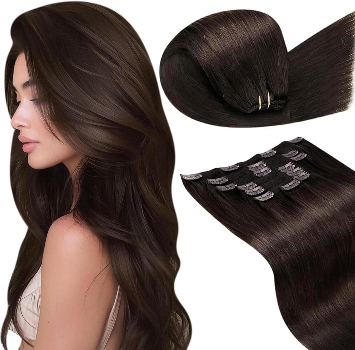 LaaVoo Extension Clip Capelli Veri, Castano Scuro, 60cm 150g 7pcs, Capelli Naturali, Lunga Durata, per Cerimonie Importanti, Colore 2