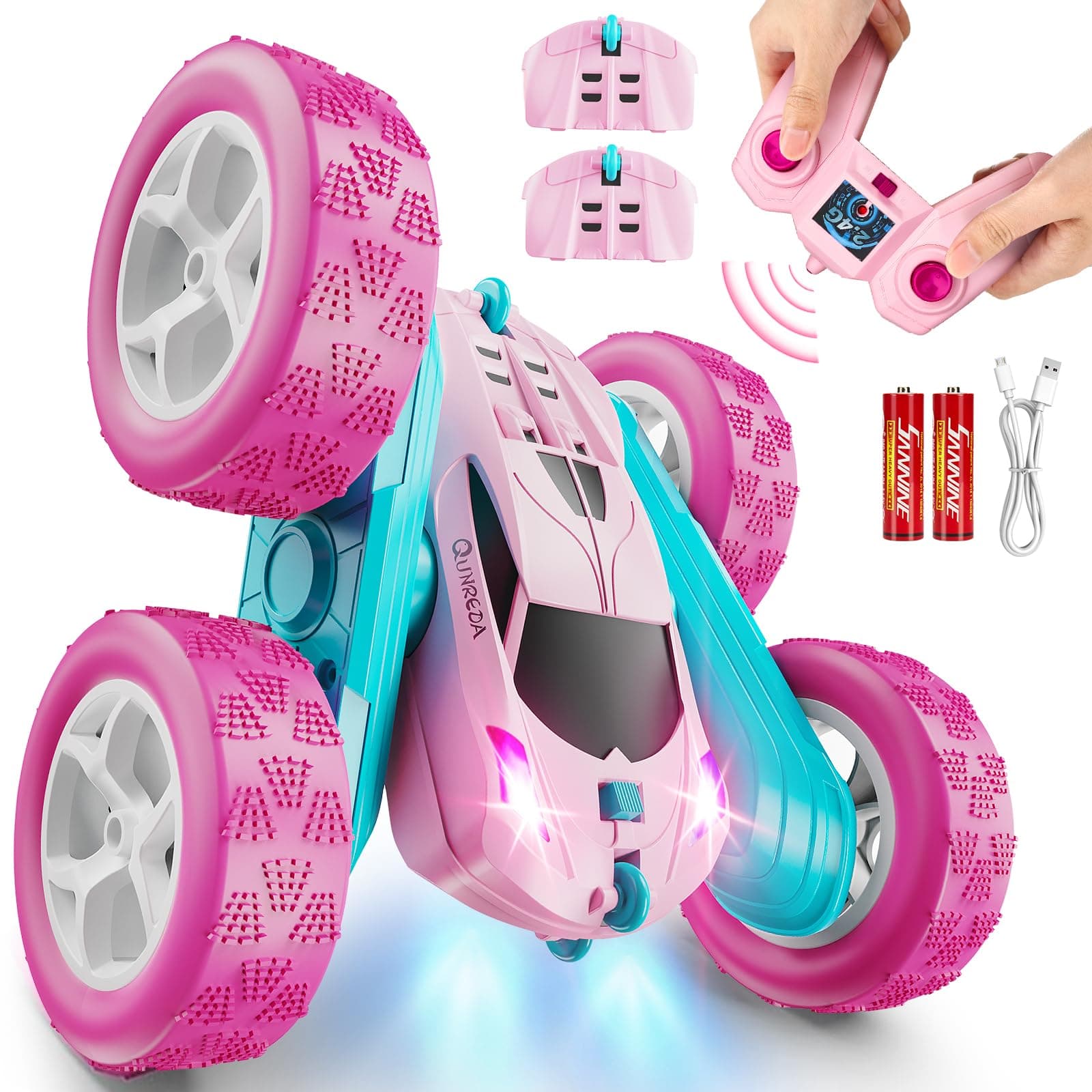 QUNREDA Coche Teledirigido RC Stunt Car 4WD 2,4 GHz – 360° Volteos, Luces LED, Baterías Modulares USB-C,Juguetes para Niños 6-12 Años, Regalo de Cumpleaños (Rosa)