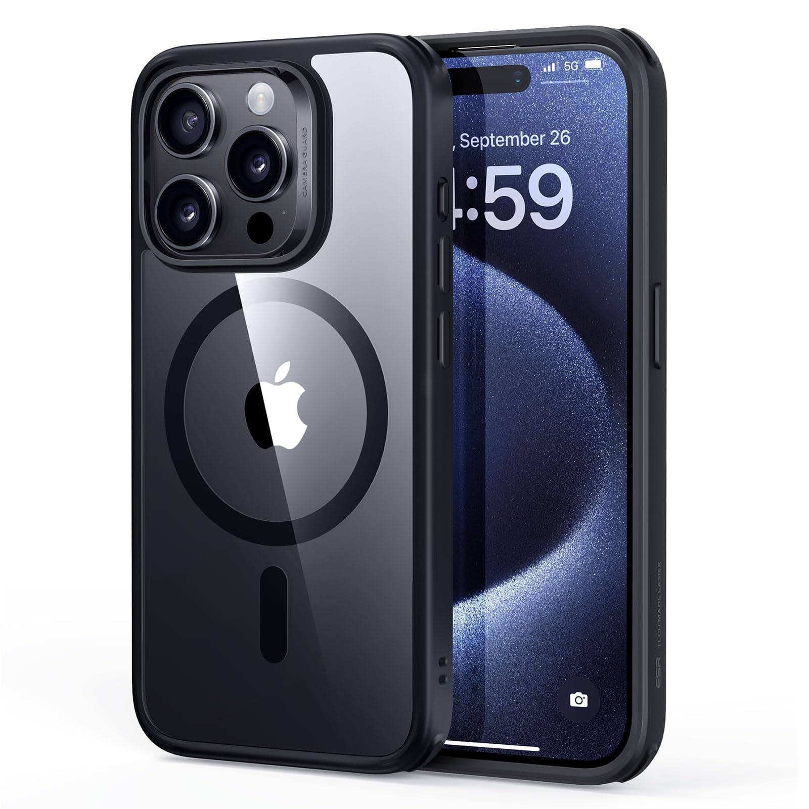 ESR Coque pour iPhone 15 Pro, Compatible avec MagSafe, Protection Militaire, Anti-jaunissement, Dos Anti Rayures, Coque Magnétique, Noir Transparent