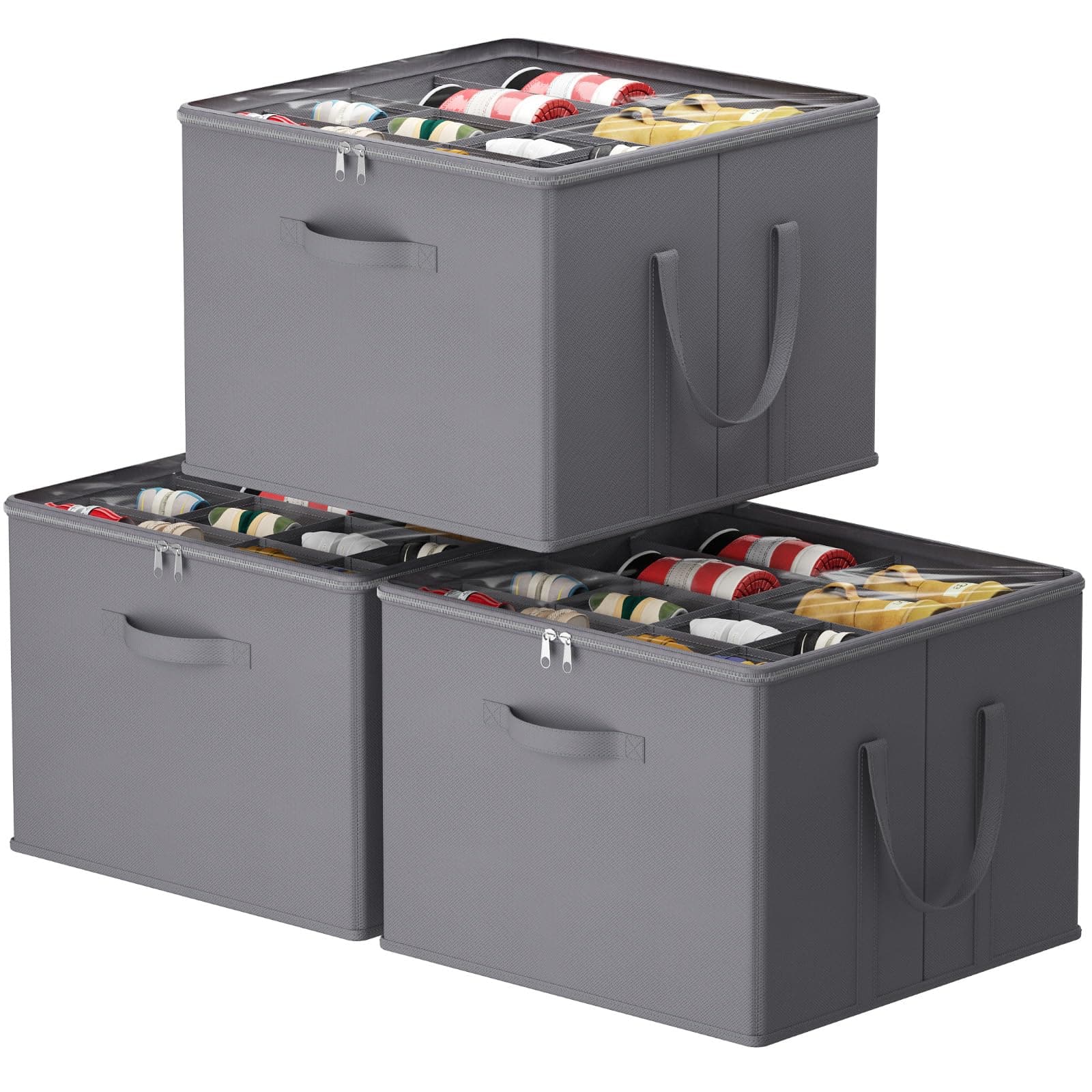 Lifewit Organizer Scarpe Armadio Pieghevole, Scatole per Scarpe Salvaspazio con Coperchio per 12-16 Paia, Shoes Organizer con Supporto Inferiore e Manici Rinforzati, Grigio, Set di 3 per 36-48 Paia