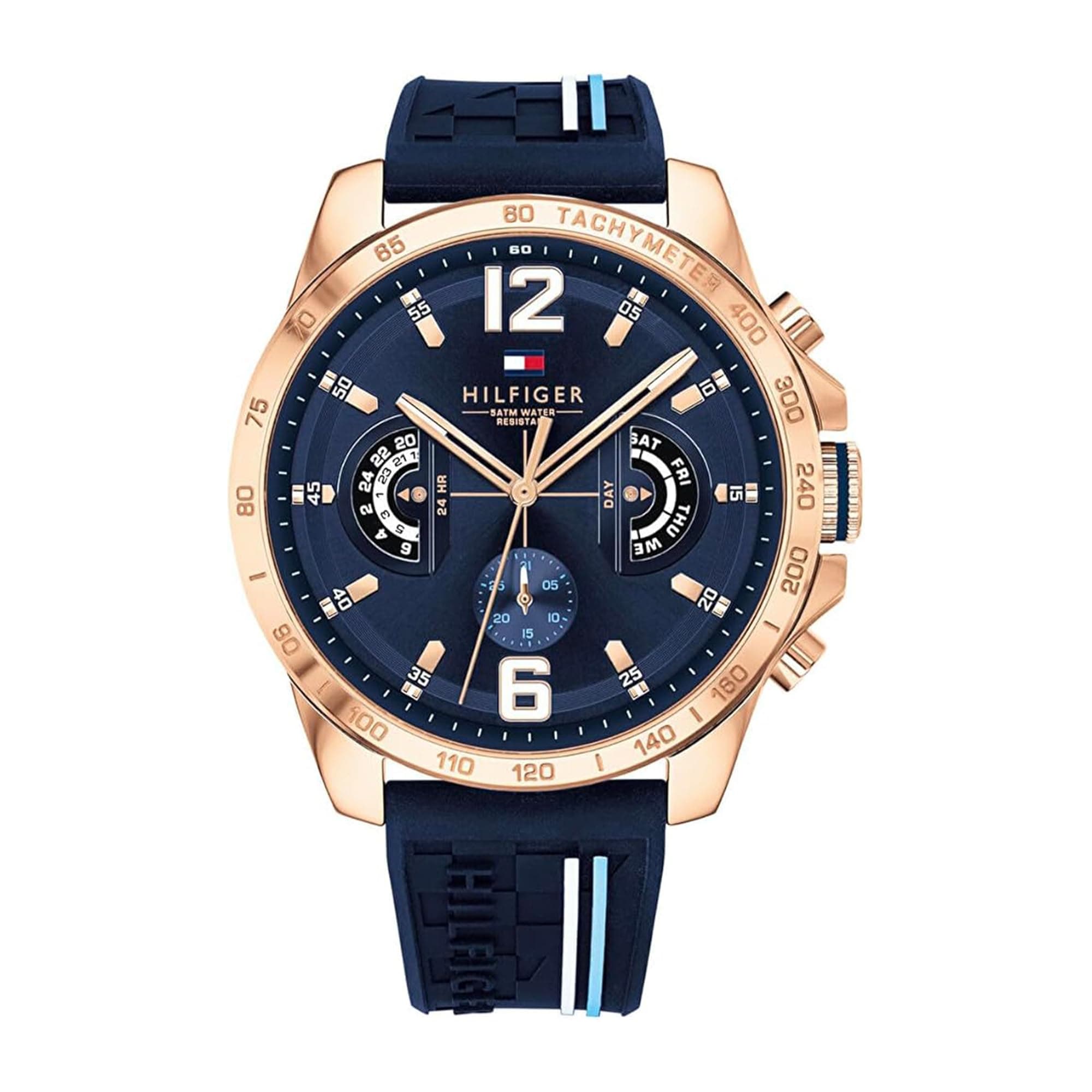 Tommy Hilfiger Reloj Analógico Multifuncional de Cuarzo para Hombres con Correa de Silicona, Acero Inoxidable o Cuero, Subesferas para Día y Fecha, Resistente al Agua hasta 5ATM.