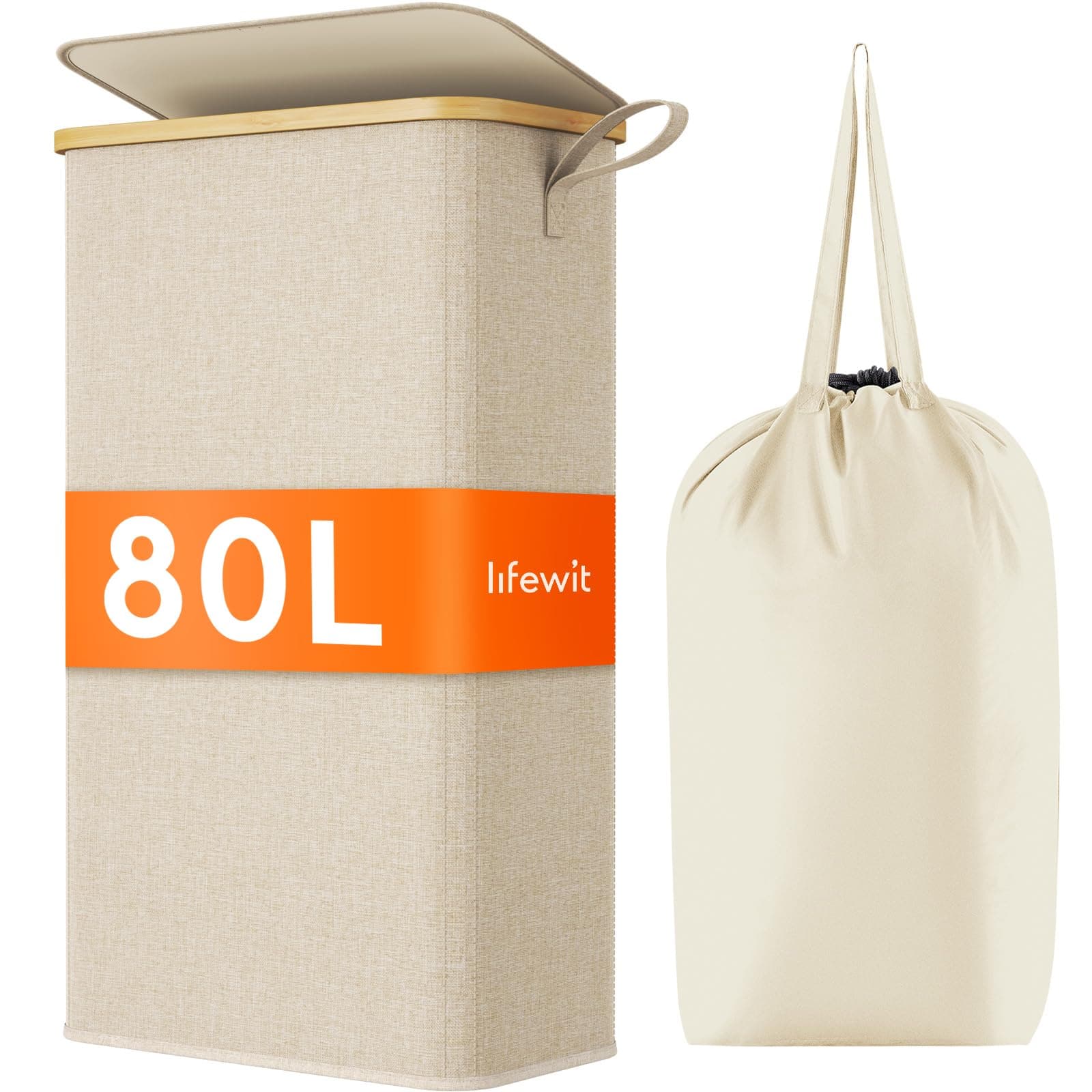 Lifewit Cesto Ropa Sucia Estrecho con Tapa, Cesto de Ropa Plegable con Bolsa Extraíble y Asa, Cesta Ropa Sucia de Bambú, Cubo de Ropa para Dormitorio, Baño, Lavandería, Dormitorio, 80 L, Beige