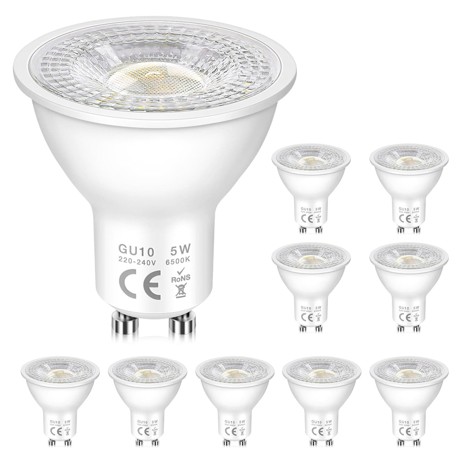 Lampadine GU10 LED Spot, 5W (Equivalenti a 50W Alogena), Luce Bianco Freddo 6500K, 500 Lumen, 120° Angolo del Fascio, Basso Consumo, per Luci da Binario, Luci Incassate, Non Dimmerabile, 10 Pezzi