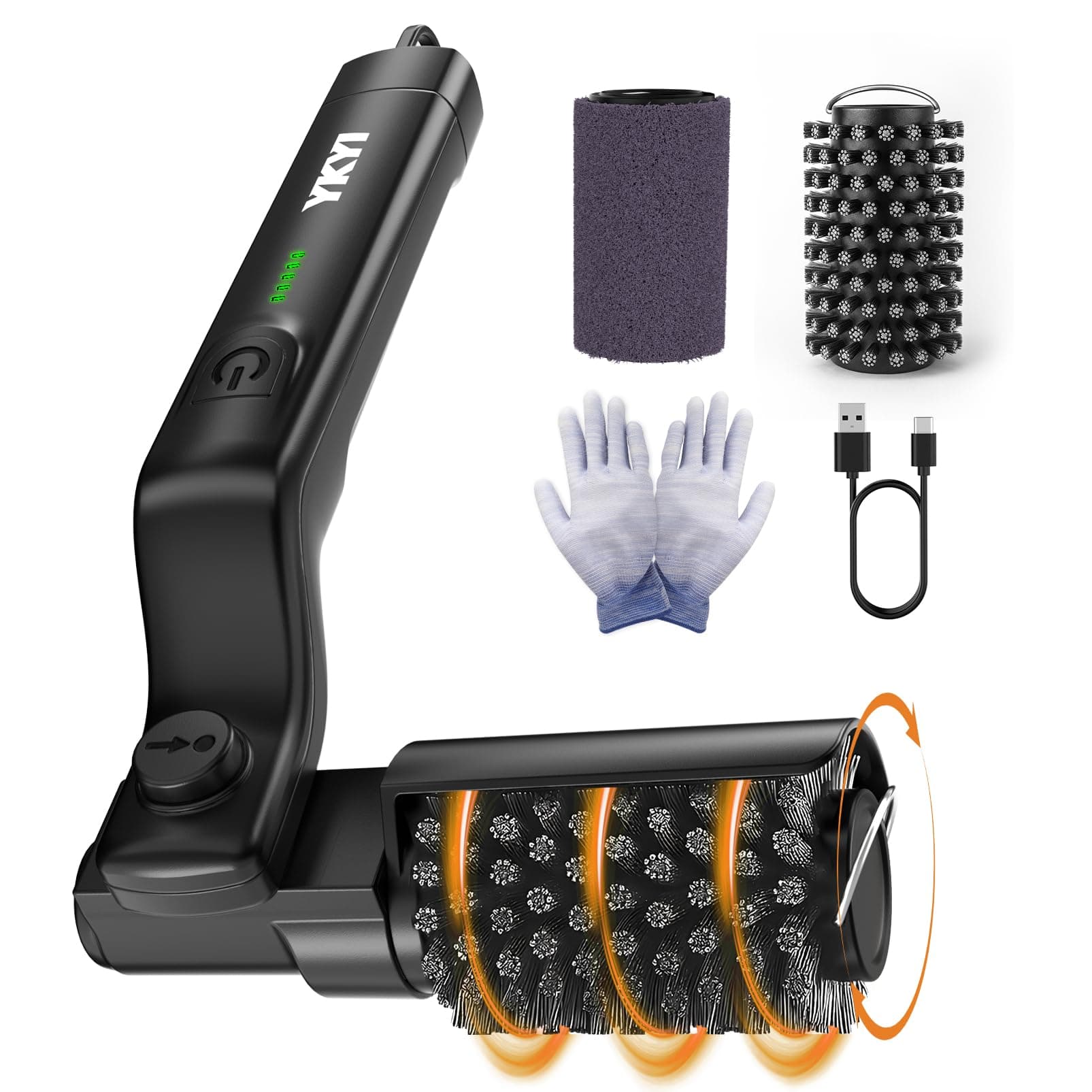 YKYI Brosse Barbecue Électrique sans Fil, 400 TR/Min, IPX7 | Têtes acier/tissu amovibles, angle 180° 7 positions, 90 min, protection 360°, pour barbecue extérieur et camping