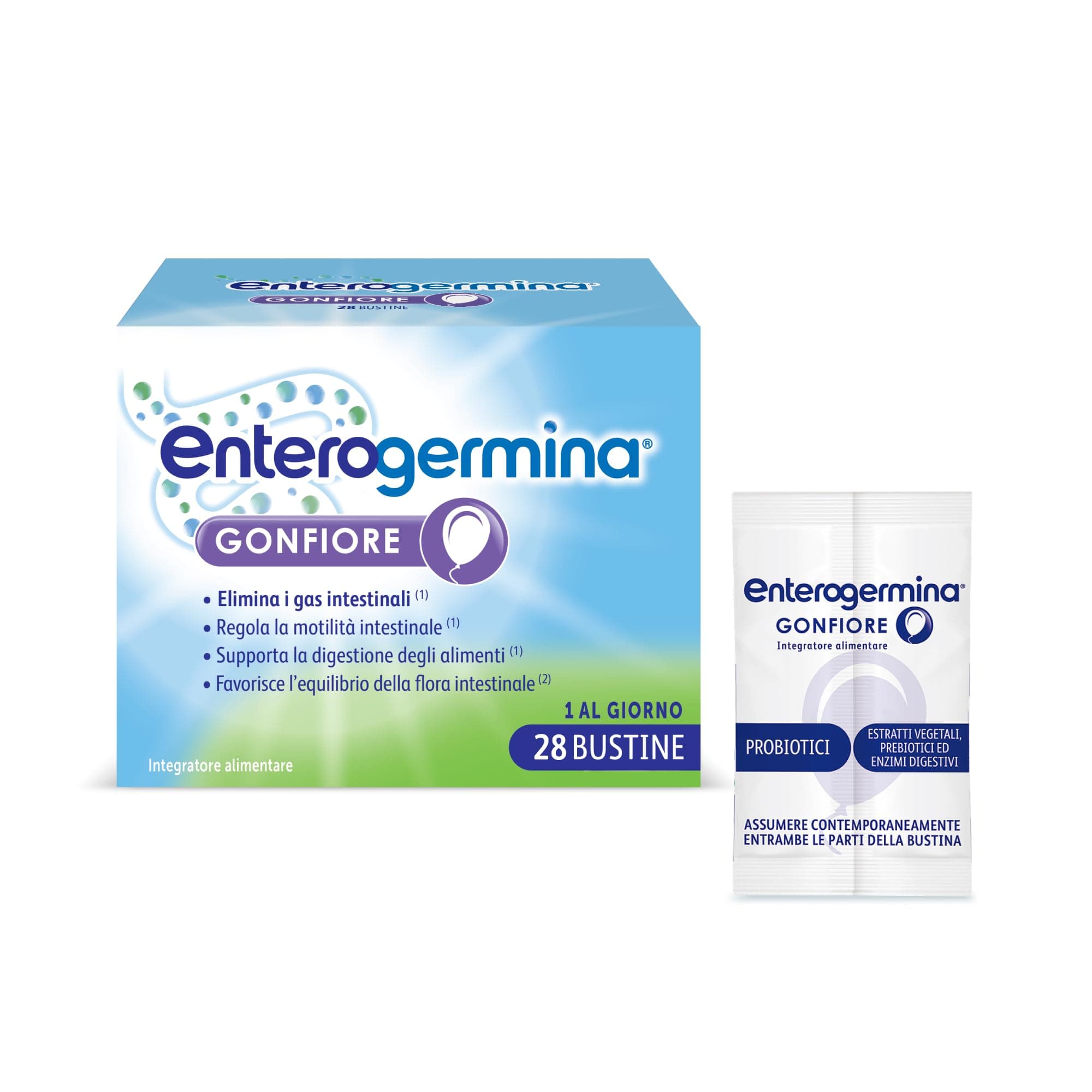 Enterogermina Gonfiore, Fermenti Lattici Probiotici, Prebiotici per Adulti - Integratori con Enzimi Digestivi ed Estratti Vegetali contro Pancia Gonfia e Gonfiore Addominale (28 Bustine Gusto Pesca)