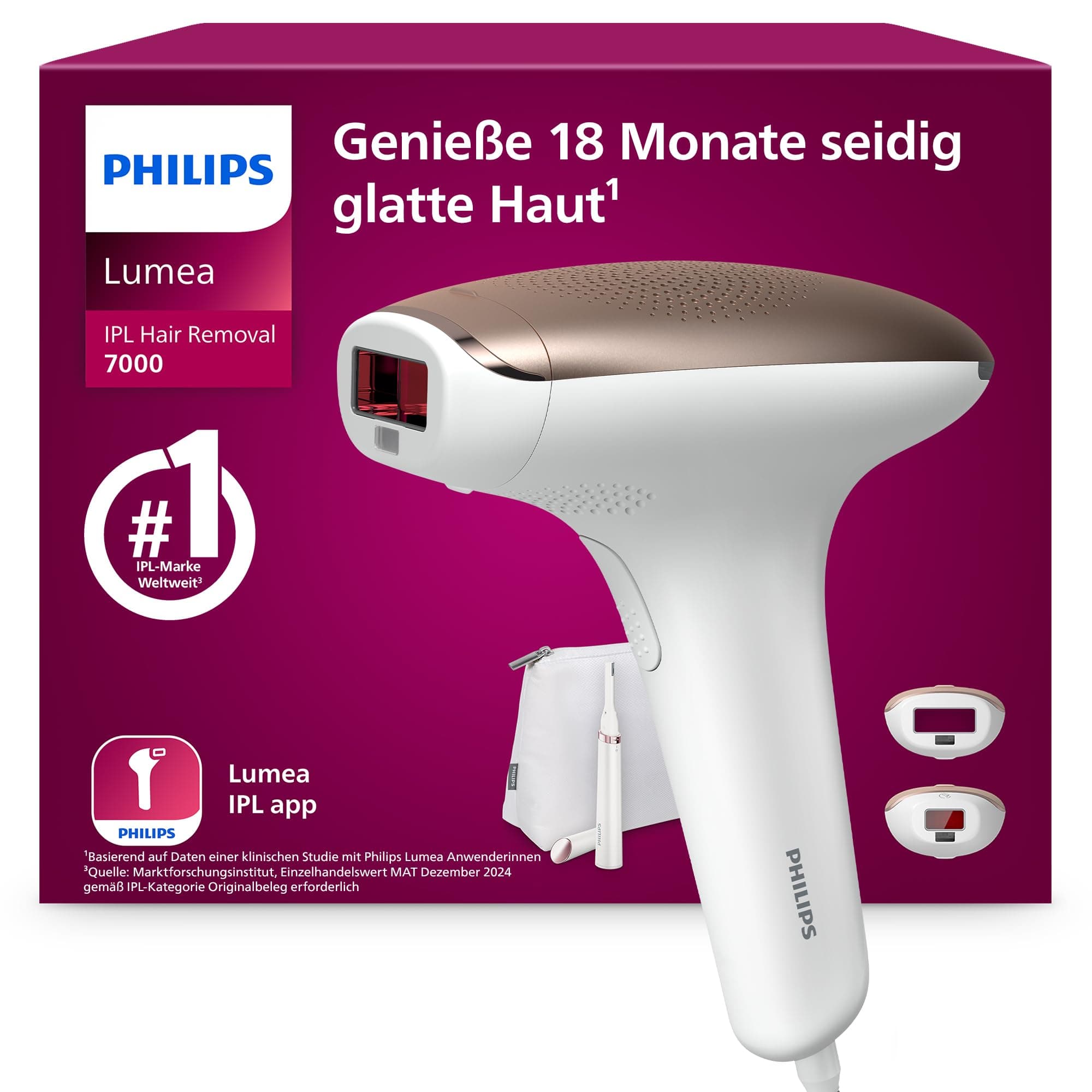 Philips Lumea IPL 7000 Series - IPL Geräte Haarentfernung für bis zu 18 Monaten seidig-glatte Haut¹ mit 2 Aufsätzen für Körper & Gesicht, Alternative zur Laser-Haarentfernung (BRI921/00)