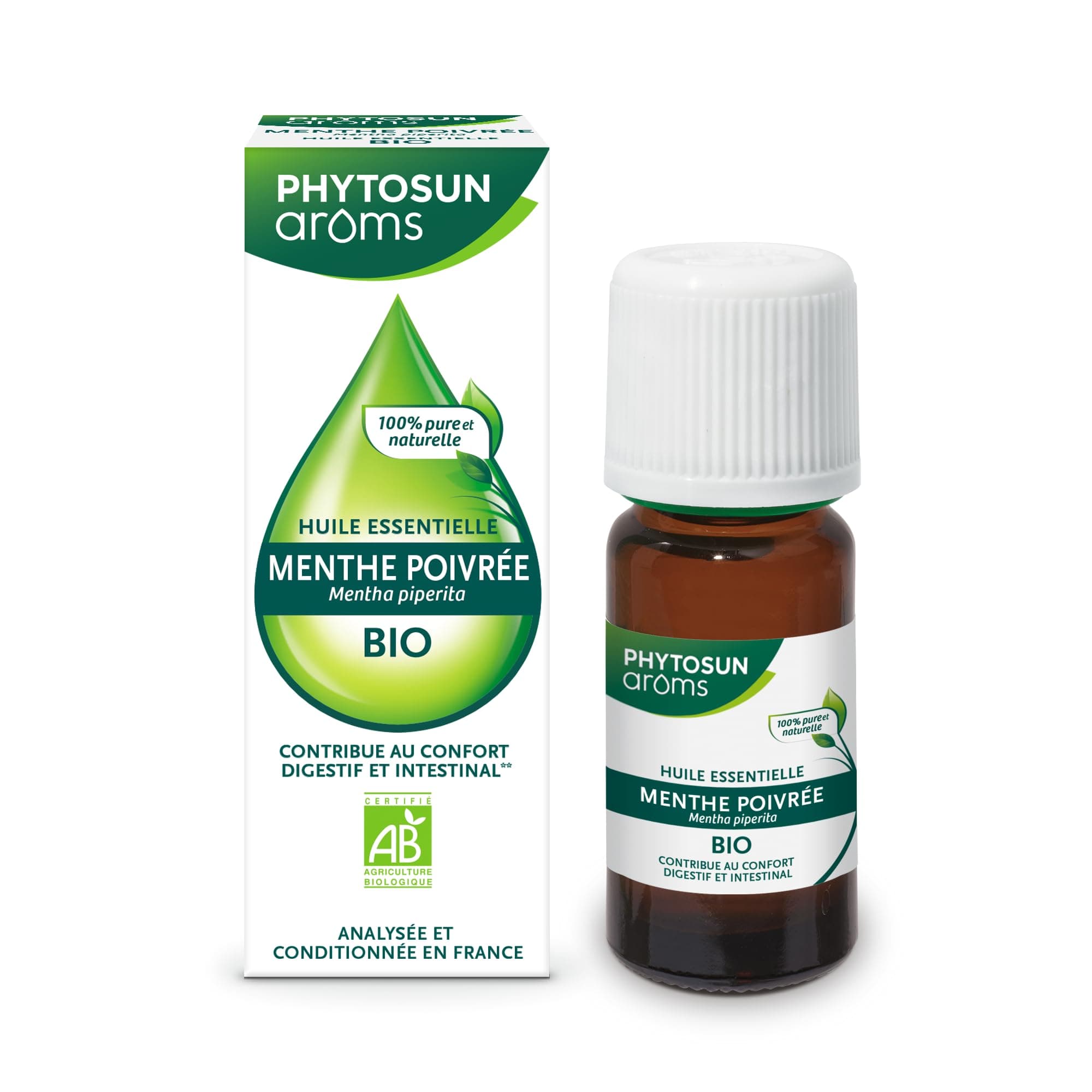 PHYTOSUN AROMS - Huile Essentielle Menthe Poivrée Bio - HEBBD - 100% Pure & Naturelle - 100% Bio - Contribue au Confort Digestif et Intestinal - Analysée & Conditionnée en France - 10 ml