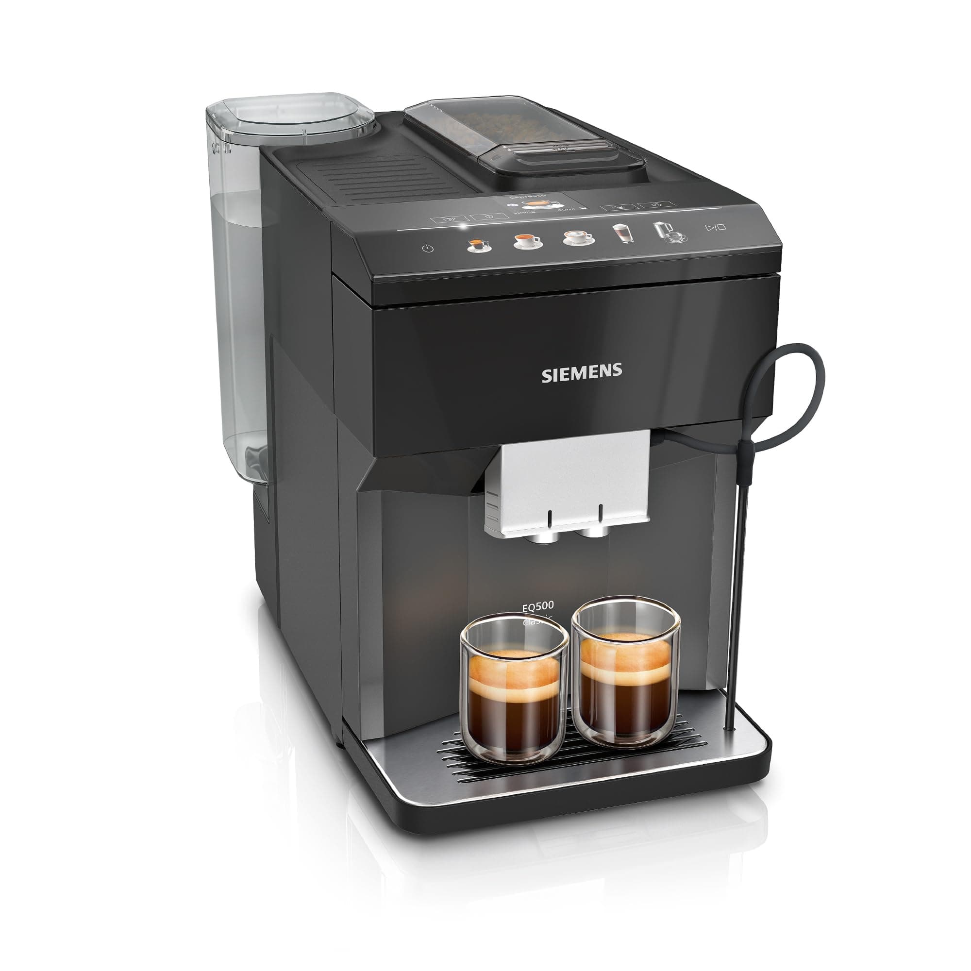 Siemens Kaffeevollautomat EQ500 classic, farbiges TFT-Display, 5 Kaffee- und Milchgetränke, Doppeltassenfunktion, einfache Reinigung, entnehmbare Brüheinheit, mit Milchschlauch, Schwarz, TP511E19
