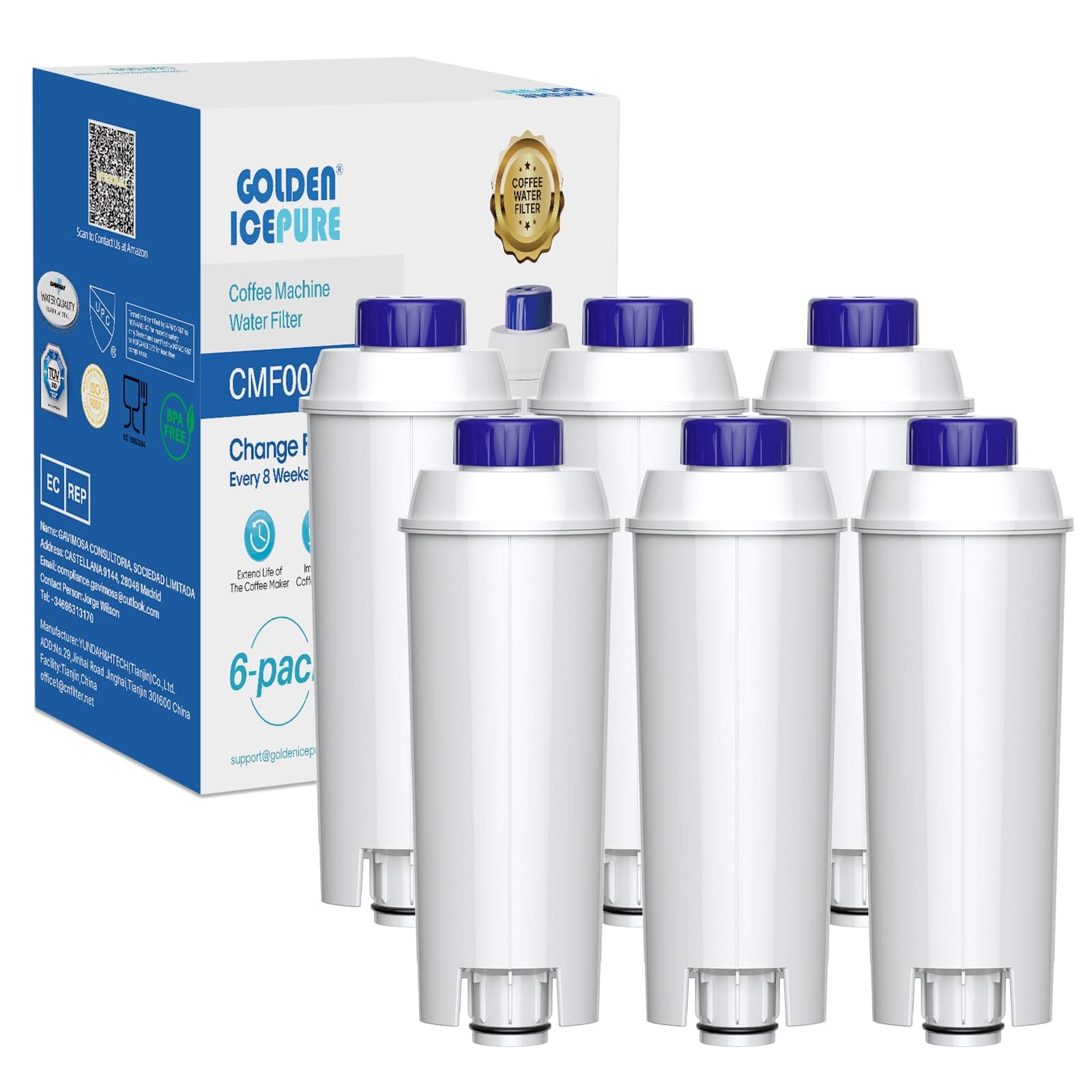 GOLDEN ICEPURE Filtre à eau, Remplacement pour Filtre De'Longhi DLSC002 (6) | Compatible avec machines à café De'Longhi – ECAM, ESAM, ETAM, BCO, Série EC, SER3017, réduit calcaire & chlore