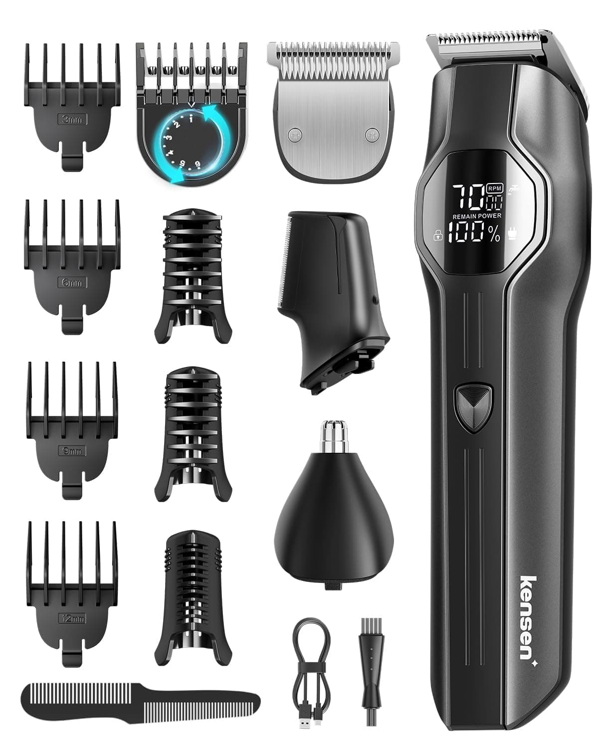 kensen Recortadora de Barba Hombre 13 en 1, Afeitadora Corporal Masculina | Máquina Cortar Pelo, Cortapelos Nariz y Oreja, IPX7 Impermeable Afeitadora Barba con Pantalla LED, 210 mins Uso