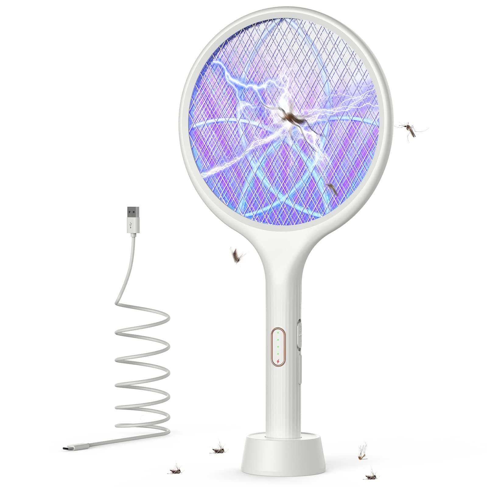 YISSVIC Racchetta Zanzare Elettrica 4000V 1500mAh USB-C Ricaricabile | 2 in 1 con Luce UV LED, Rete 3 Strati, Base Stabile, Antizanzare, Interni Esterni, per Interni ed Esterni, Bianco