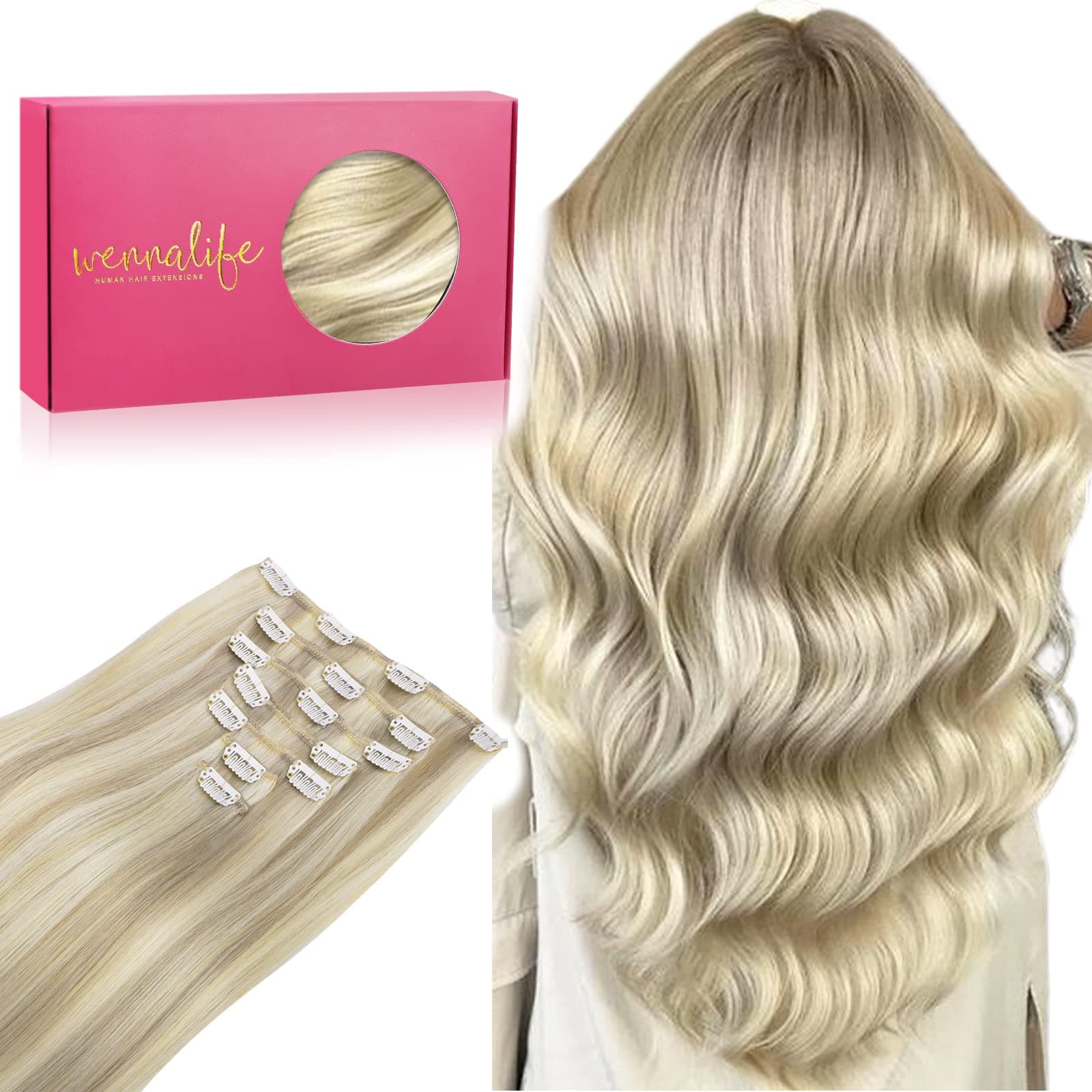 WENNALIFE Extension Capelli Veri Clip, 60cm 120g 7pcs Extension Clip Capelli Veri Biondo Cenere con Riflessi Biondo Platino Remy Umani Naturali Capelli Extension con Clip
