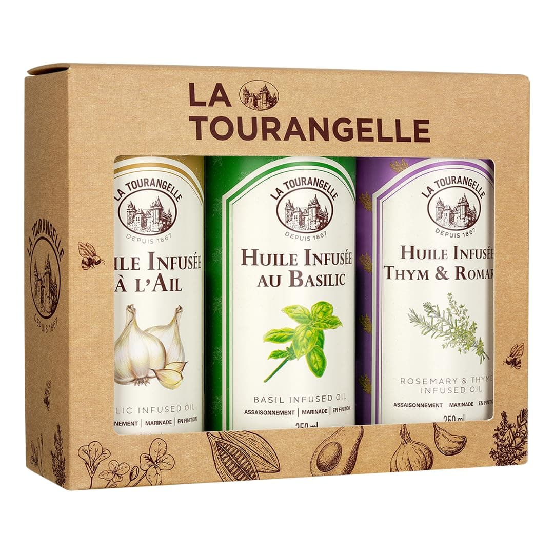 La Tourangelle - Coffret 3 Huiles Infusées Basilic, Ail Et Thym & Romarin Goût Intense Savoureux Pour Les Gourmands Passionnés De Cuisine , 250 Ml (Lot 3)