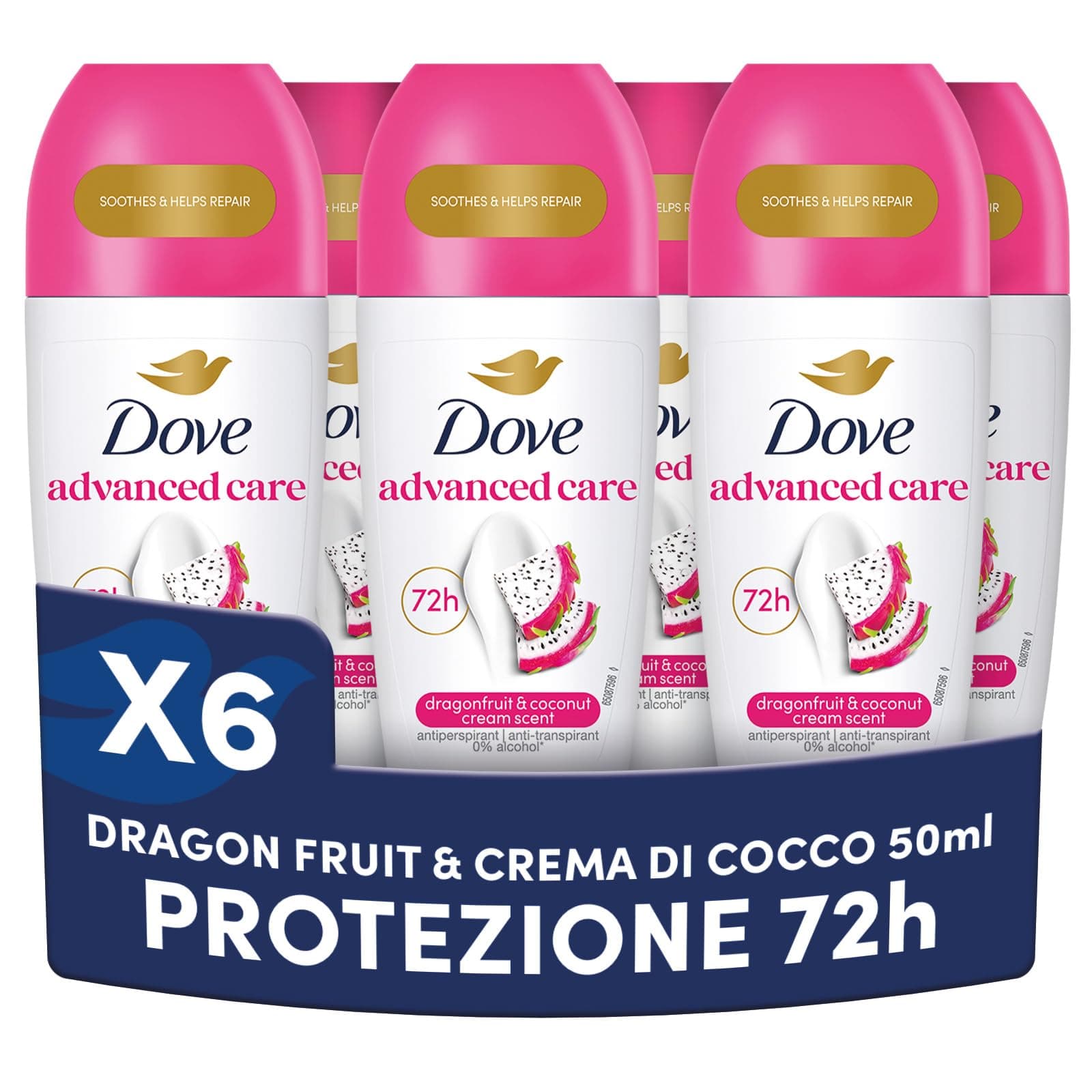 Dove Deodorante Roll On Advanced Care Dragon Fruit & Coconut Cream, Deodorante 48 Ore Protezione Sudore e Odori, Formula Idratante e Delicata, Ripara la Pelle dopo la Rasatura, 6 Pezzi da 50 ml