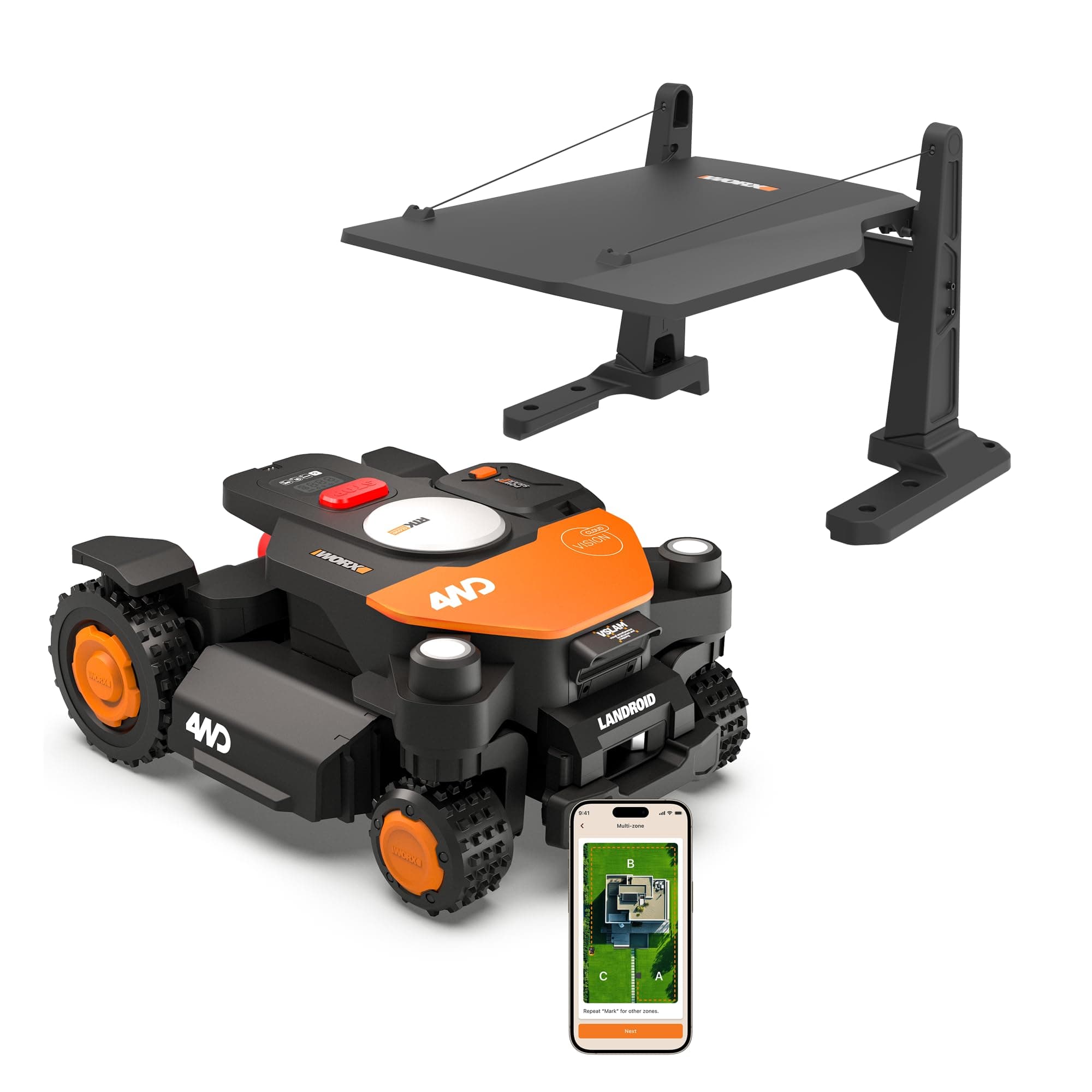 WORX Vision Cloud 4WD WR340E Robot Tondeuse 600 m² sans Fil périphérique + Garage (évitement d'obstacles par IA, Navigation VSLAM + RTK, Pente de 84%, cartographie Auto, contrôle Via app)
