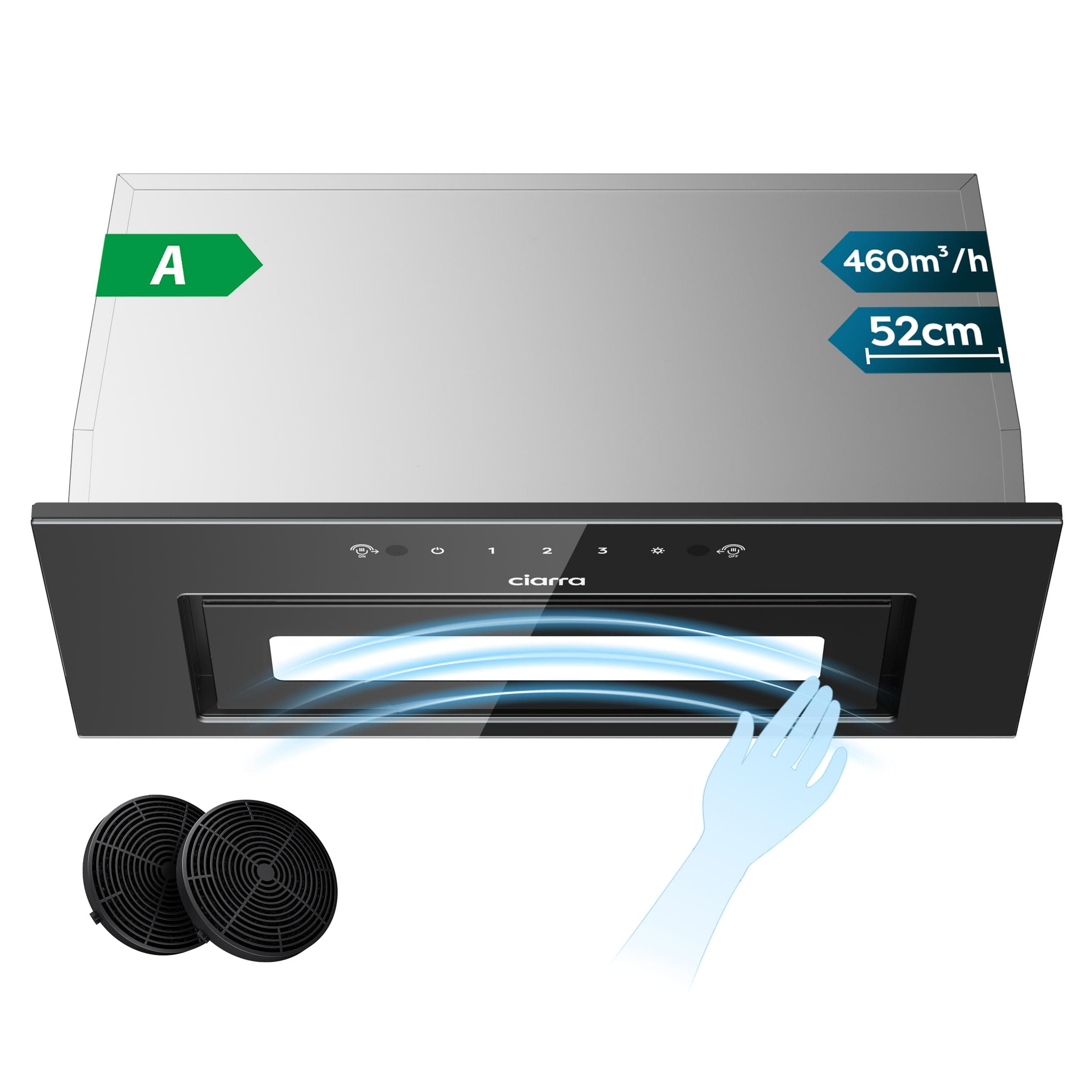 CIARRA CBCB5931B Hotte Aspirante Encastrée 52cm - Contrôle Gestuel & Tactile - 460 m³/h - 3 Vitesses - Hotte Intégrée Noire avec Filtre à Charbon CBCF055 - Évacuation/Recyclage - Classe A